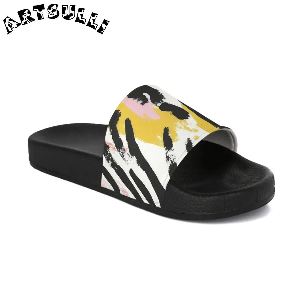Zebra Brush Strokes Multi-Color Women's Slide Sandals, Artsulli - Art is Long, Life is Short, Shoes, Color, Black sole, Size, US 5, , , 17598483388043