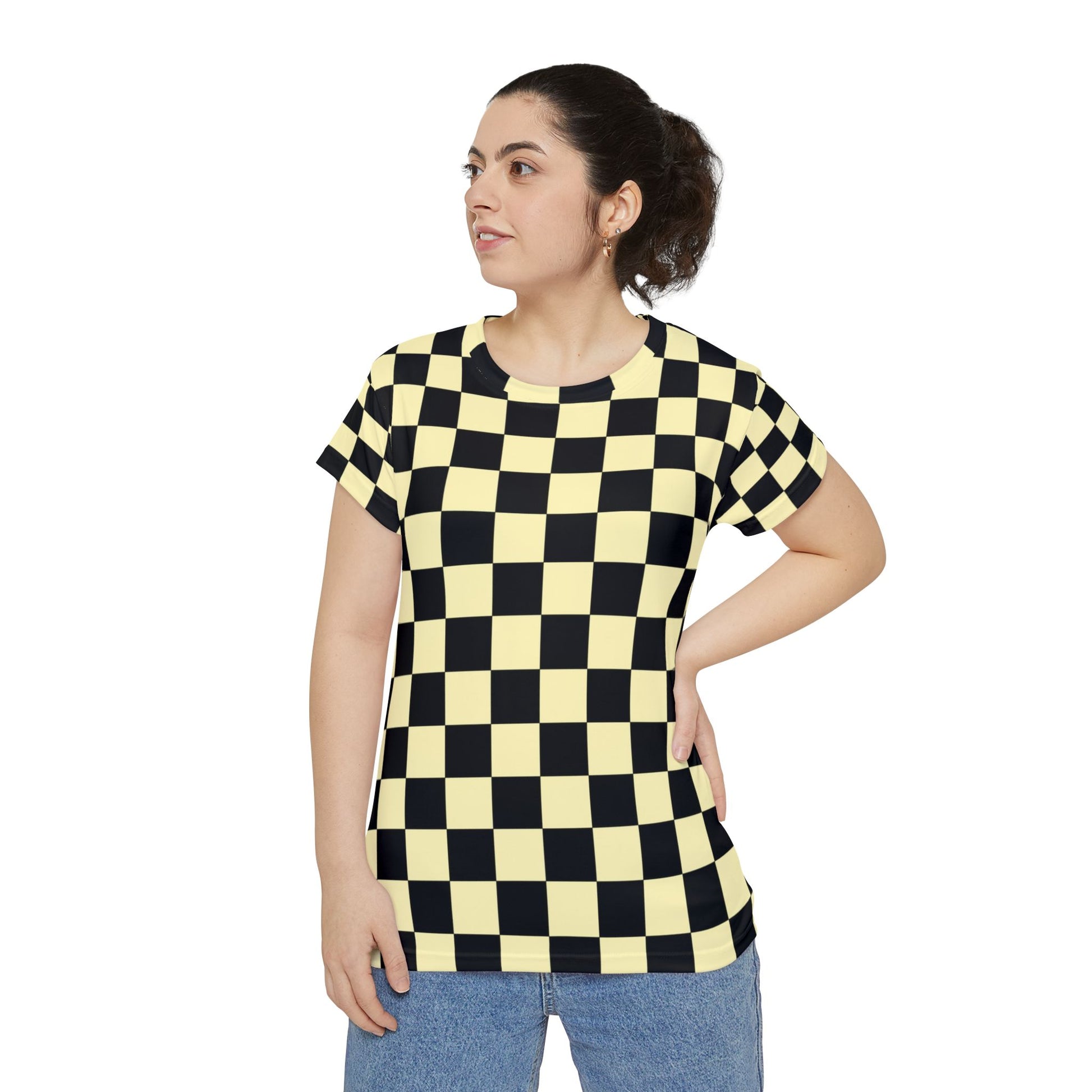 Checkerboard Black and Yellow Women's Short Sleeve Shirt (AOP), Artsulli - Art is Long, Life is Short, All Over Prints, , , , , , , 