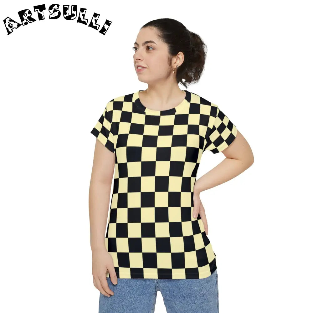 JAKKOUTTHEBXX Checkerboard Black and Yellow Women’s Short Sleeve