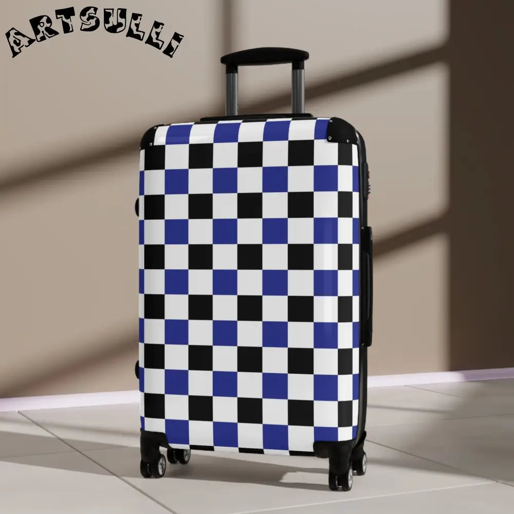 JAKKOUTTHEBXX Checkerboard Blue White and Black Suitcase