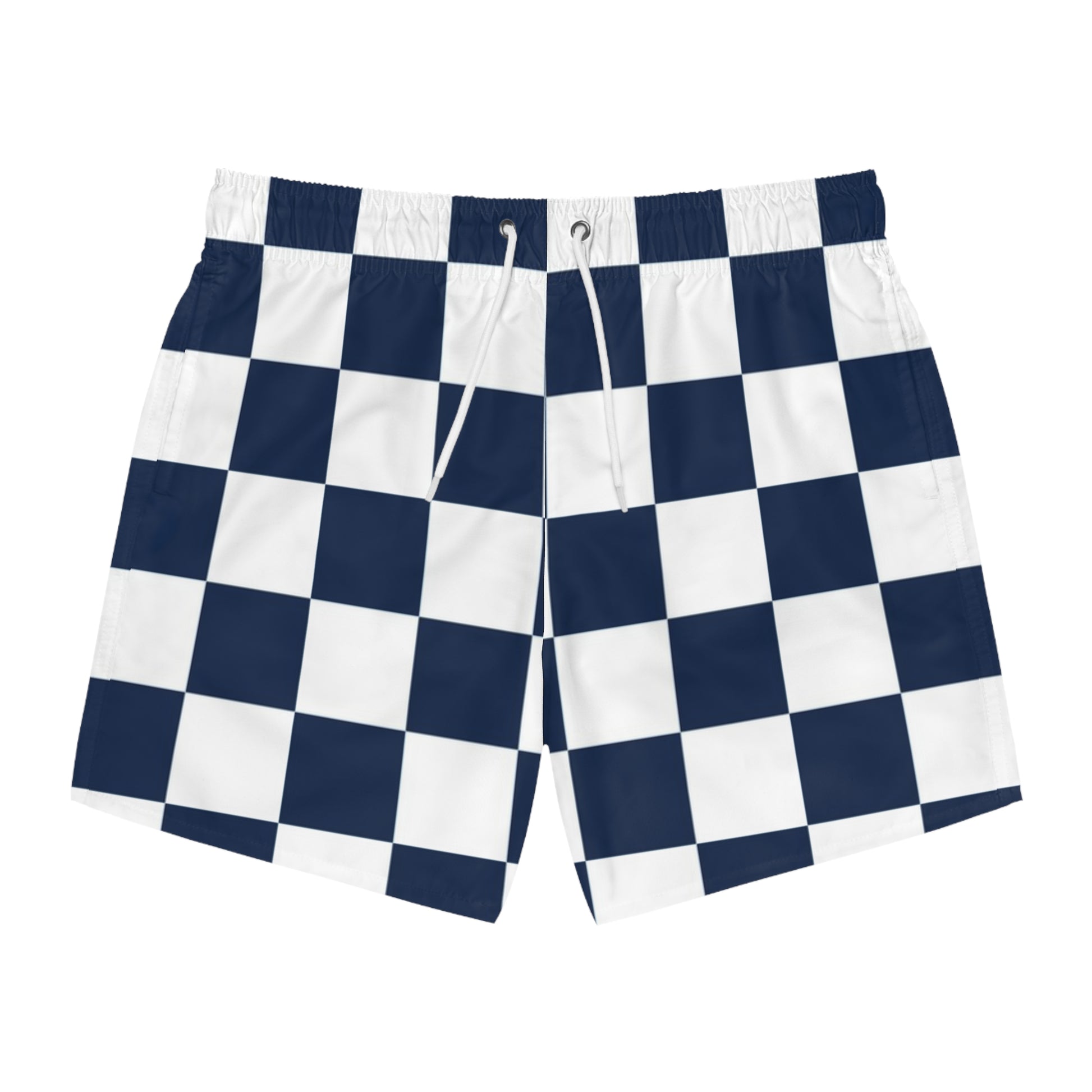 Checkerboard White and Navy Blue Swim Trunks (AOP), Artsulli - Art is Long, Life is Short, All Over Prints, Size, XS, Color, Seam thread color automatically matched to design, , , 55305829961330890490