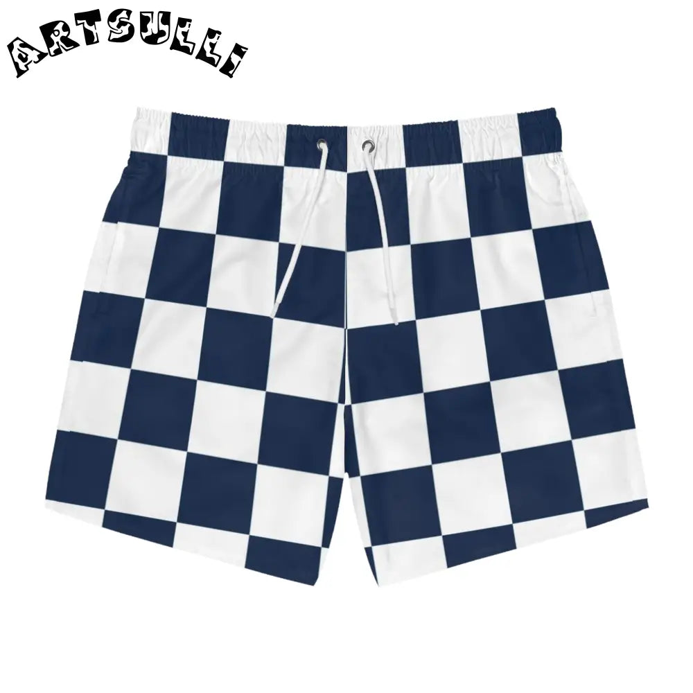 JAKKOUTTHEBXX Checkerboard White and Navy Blue Swim Trunks (AOP)