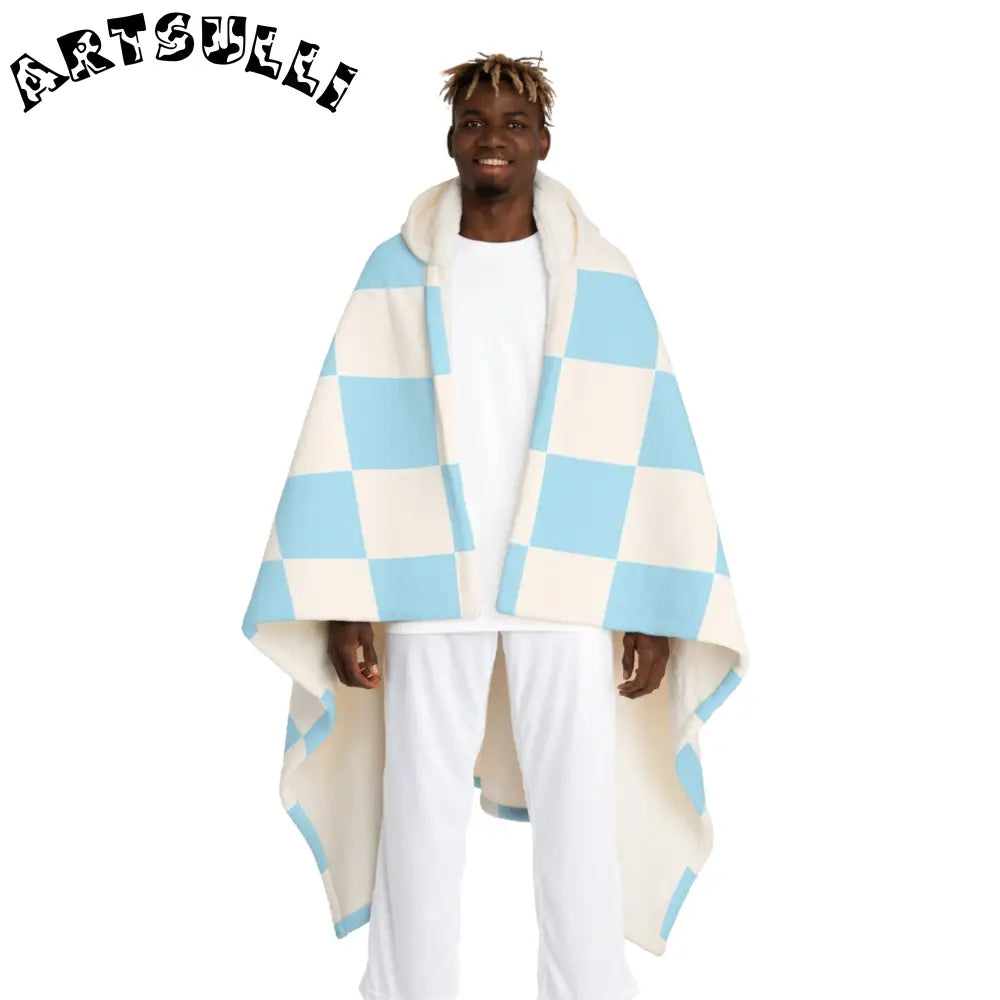 JAKKOUTTHEBXX Checkerboard Sky Blue Hooded Sherpa Fleece Blanket
