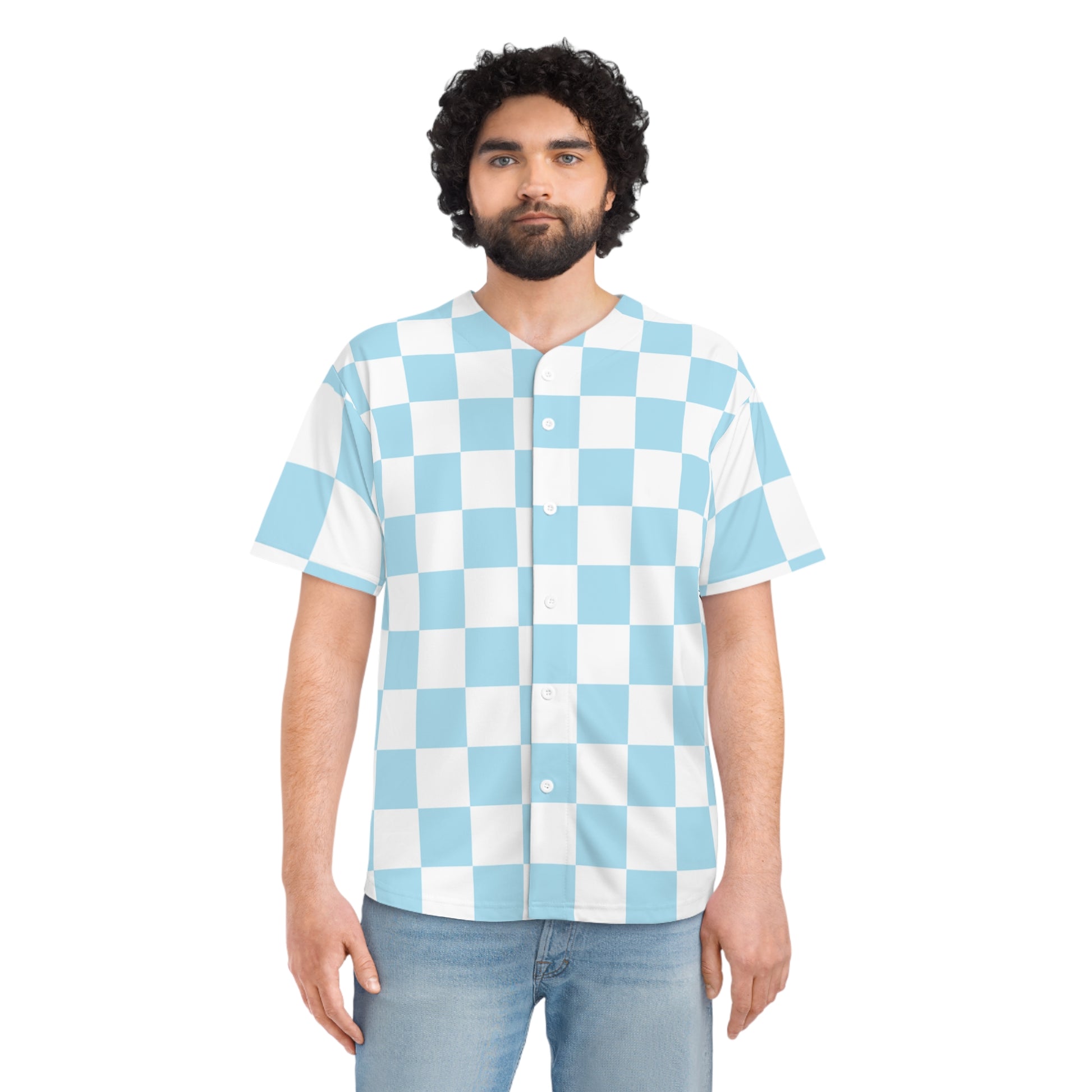 Checkerboard Sky Blue Men's Baseball Jersey (AOP), Artsulli - Art is Long, Life is Short, All Over Prints, , , , , , , 
