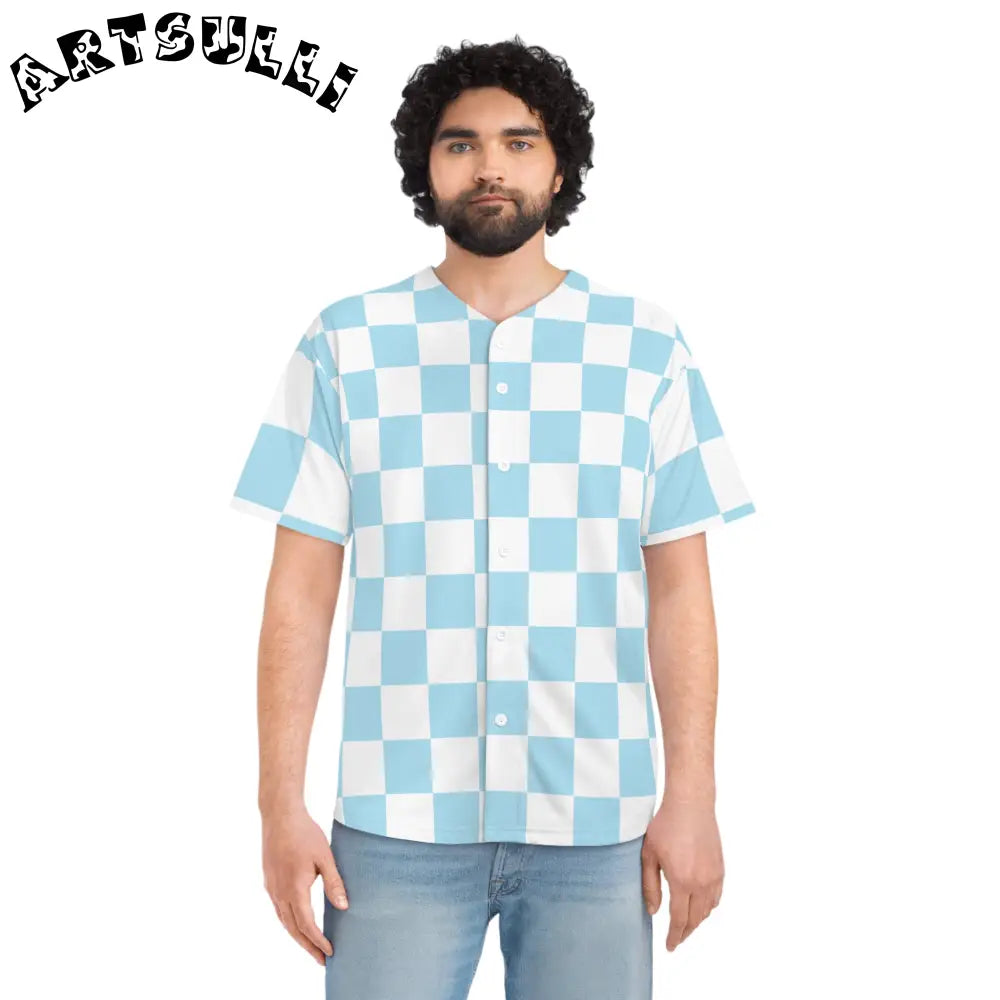 JAKKOUTTHEBXX Checkerboard Sky Blue Men’s Baseball Jersey (AOP)
