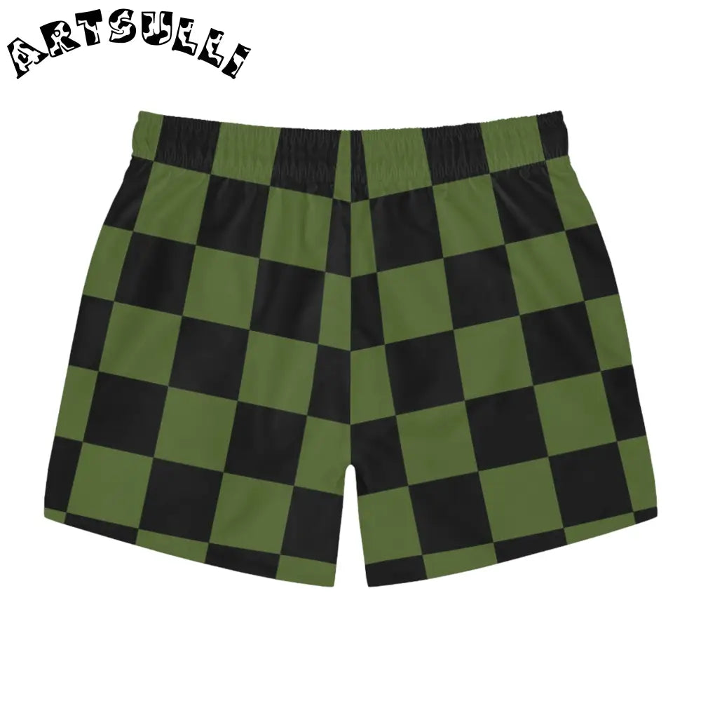 JAKKOUTTHEBXX Checkerboard Olive Green and Black Swim Trunks (AOP)