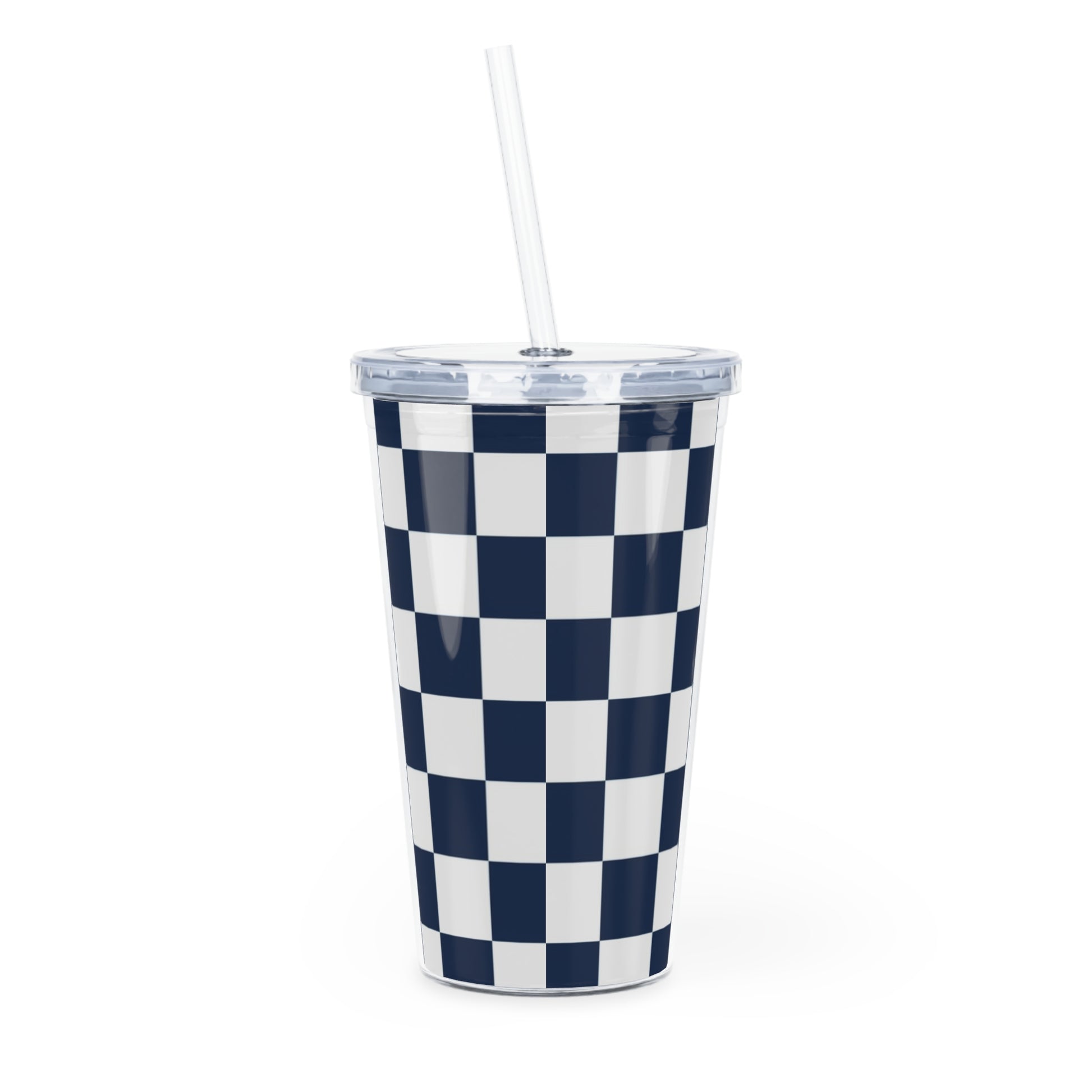 Checkerboard White and Navy Blue Plastic Tumbler with Straw, Artsulli - Art is Long, Life is Short, Mug, , , , , , , 