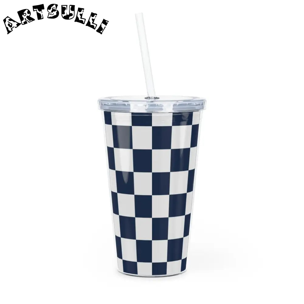 JAKKOUTTHEBXX Checkerboard White and Navy Blue Plastic Tumbler