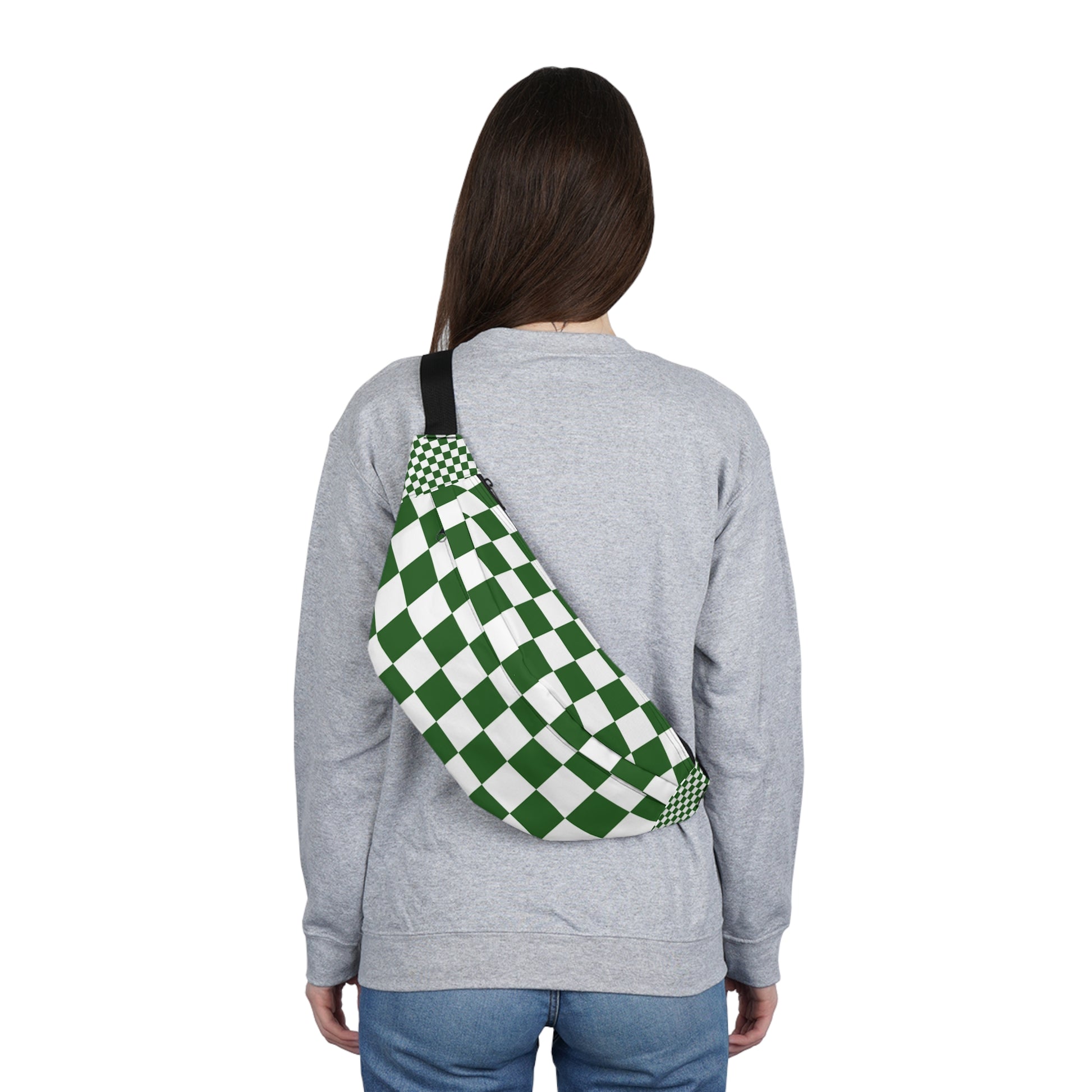 Checkerboard White and Dark Green Large Fanny Pack, Artsulli - Art is Long, Life is Short, Bags, , , , , , , 