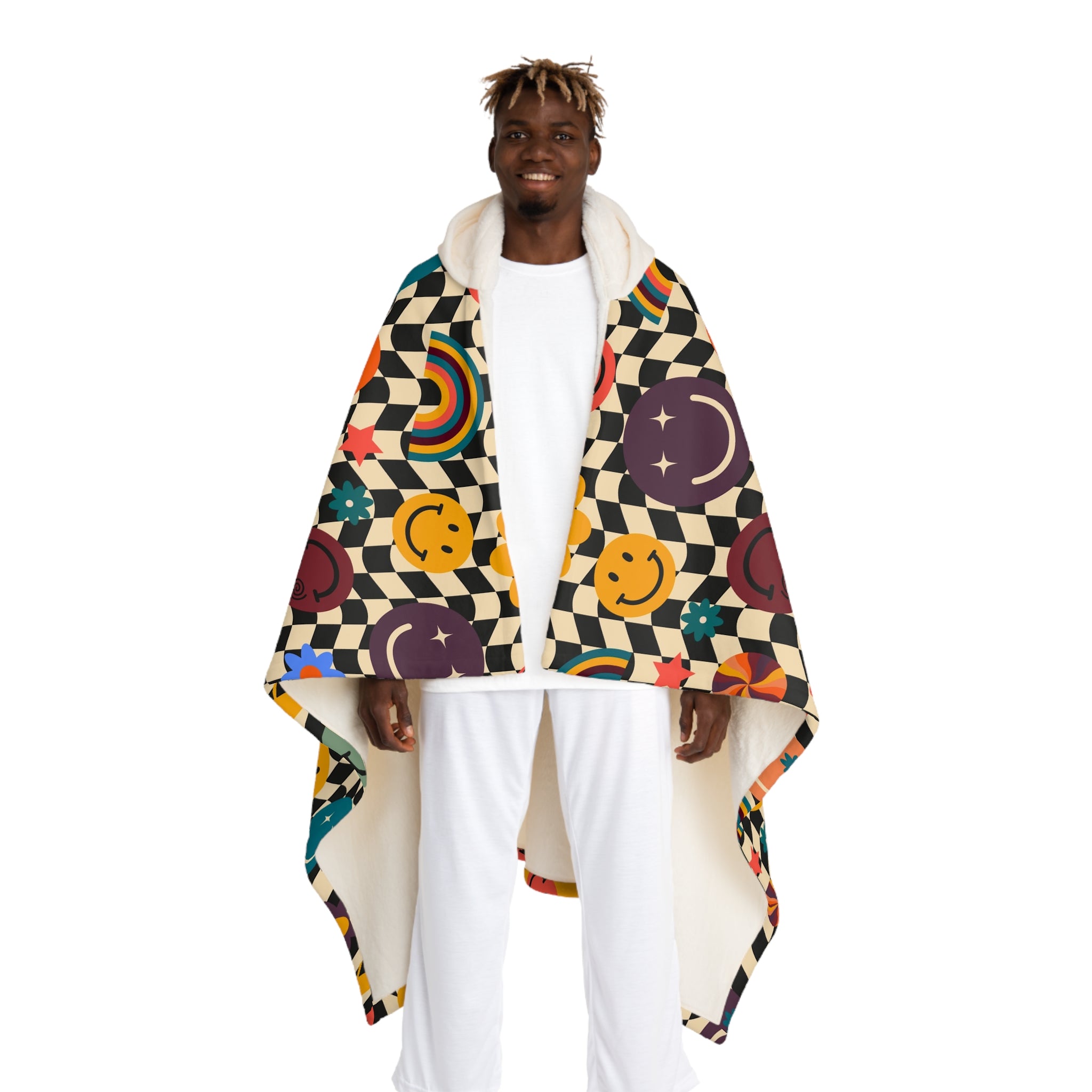 Trippy x Wavy Checkerboard x Smiley Face x Rainbow x Flowers III Multi-Color Hooded Sherpa Fleece Blanket, Artsulli - Art is Long, Life is Short, All Over Prints, Size, One size, Color, Cream, , , 29435221382635639259