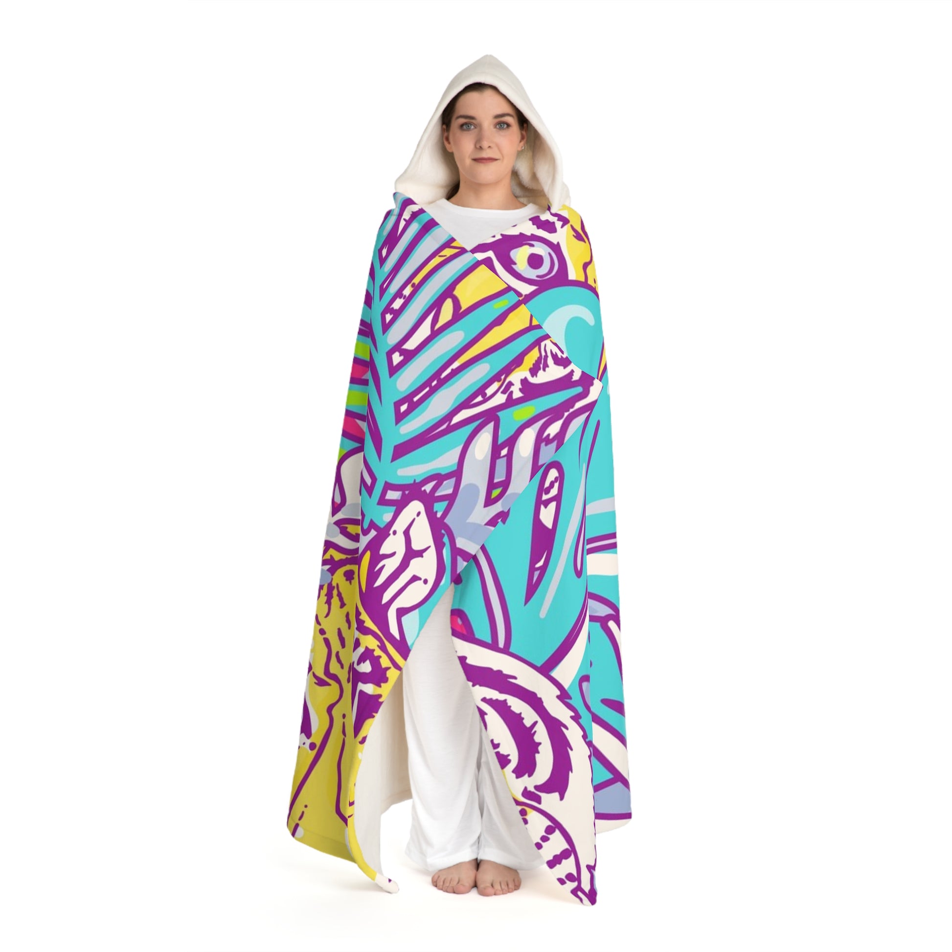 Tropical Floral Tigers Torquise and Purple Hooded Sherpa Fleece Blanket, Artsulli - Art is Long, Life is Short, All Over Prints, , , , , , , 