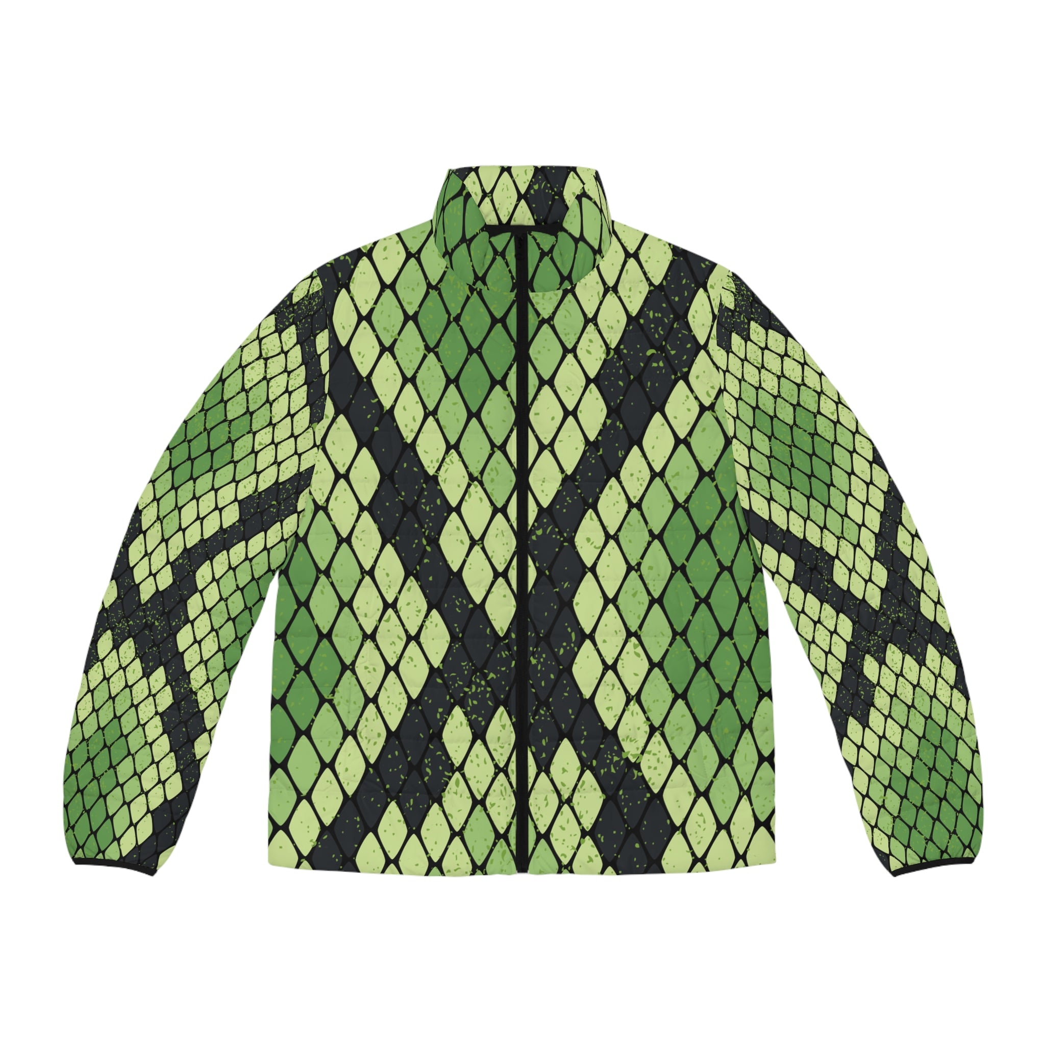 Snake Skin Green and Black Men's Puffer Jacket (AOP), Artsulli - Art is Long, Life is Short, All Over Prints, Size, S, Color, Black zipper, , , 11211192548017