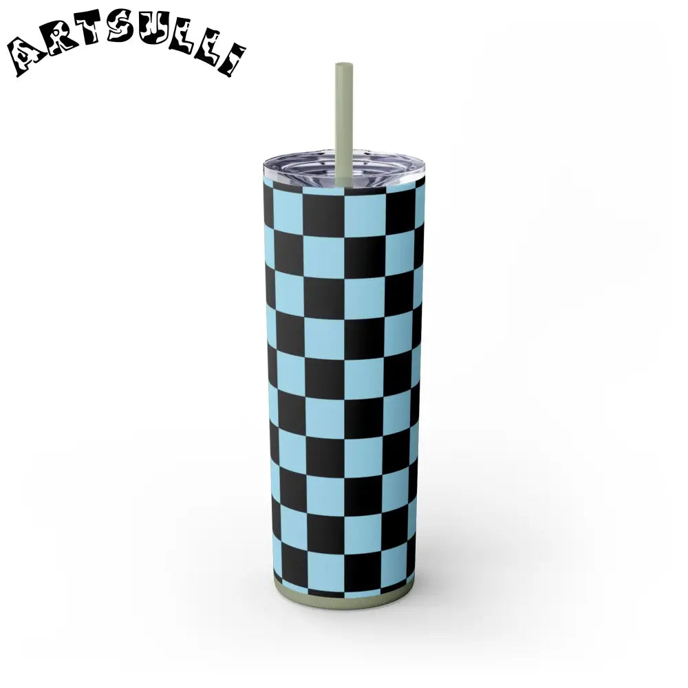 JAKKOUTTHEBXX Checkerboard Black and Blue Skinny Tumbler with Straw