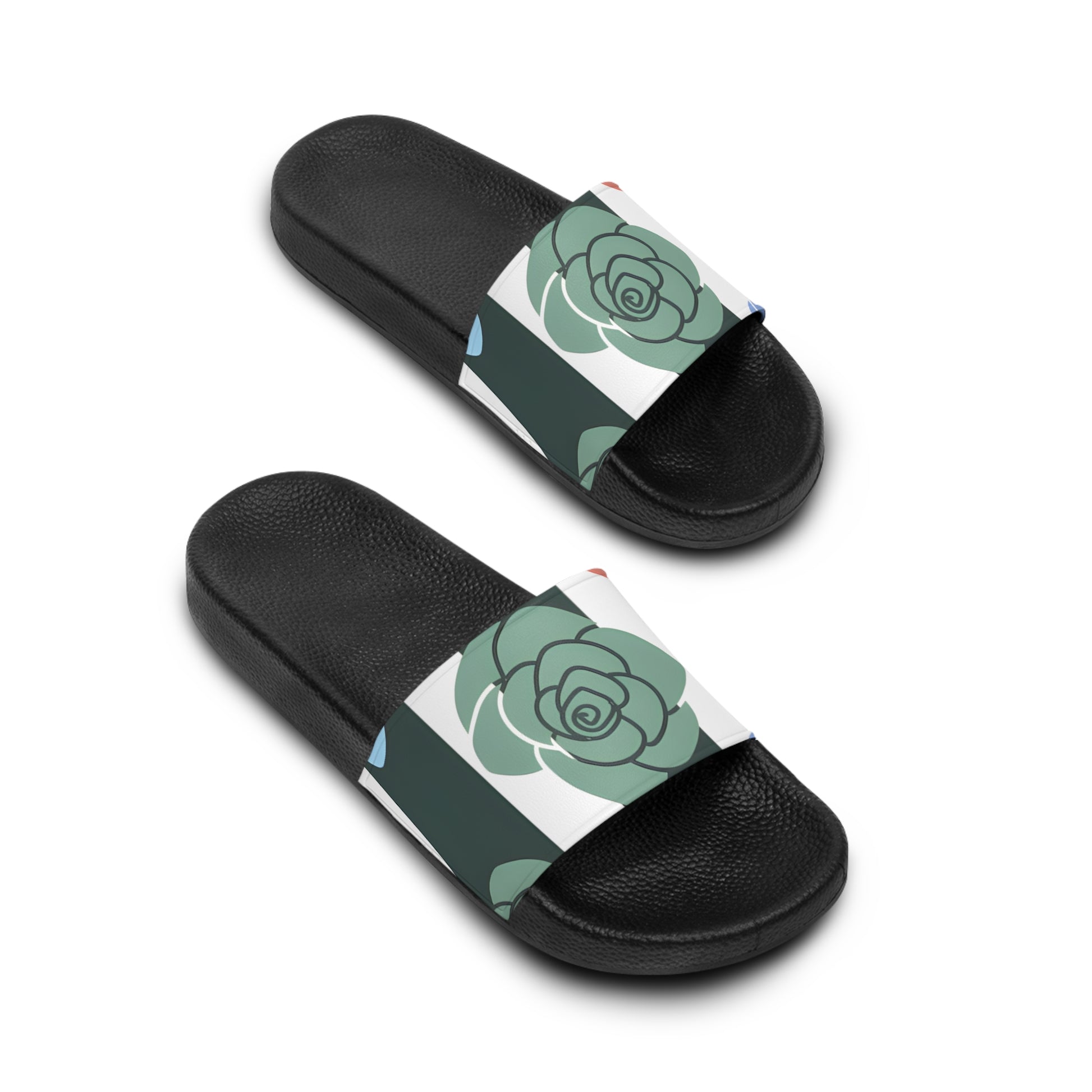 Stripes x Roses Black and White Women's Slide Sandals, Artsulli - Art is Long, Life is Short, Shoes, , , , , , , 