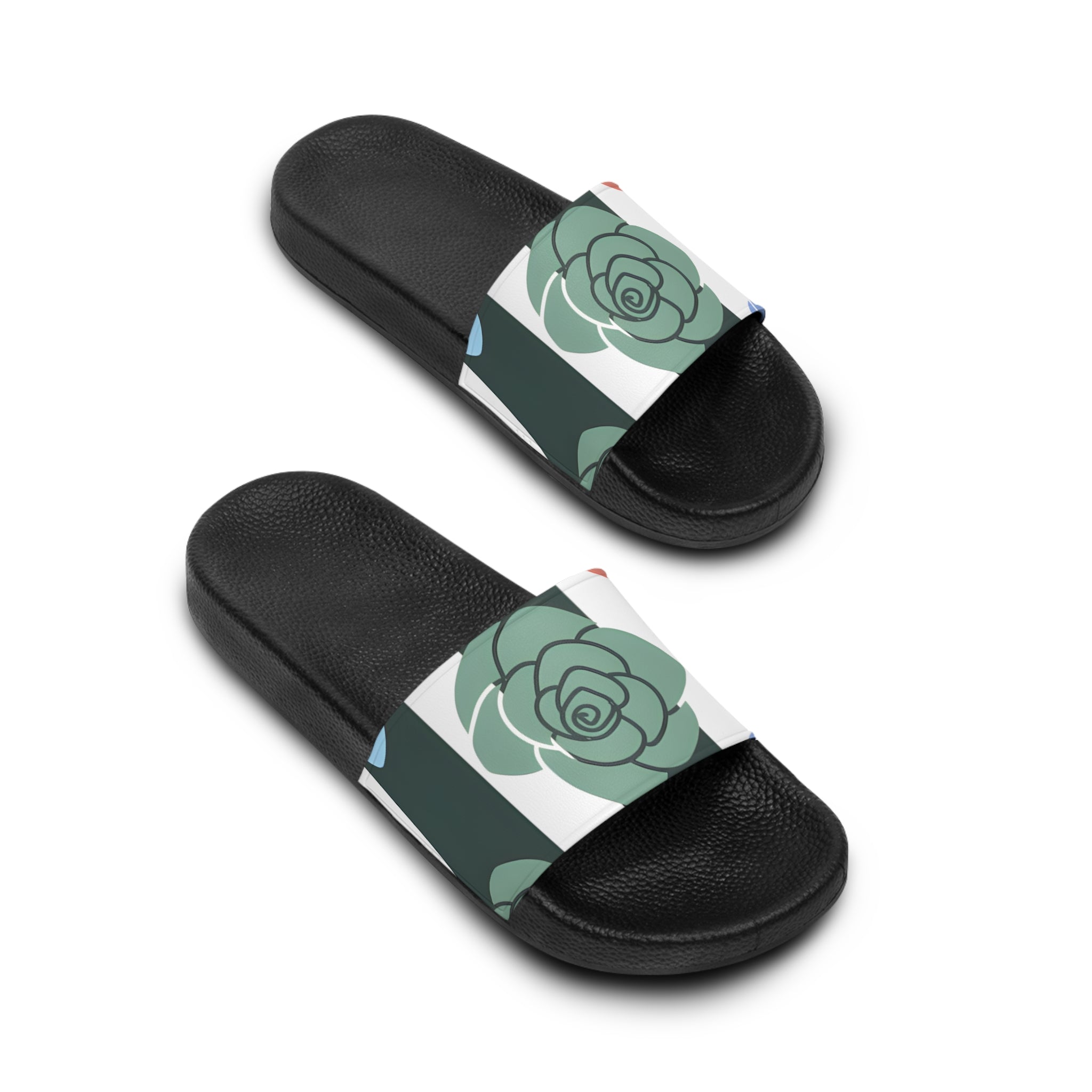 Stripes x Roses Black and White Women's Slide Sandals, Artsulli - Art is Long, Life is Short, Shoes, , , , , , , 