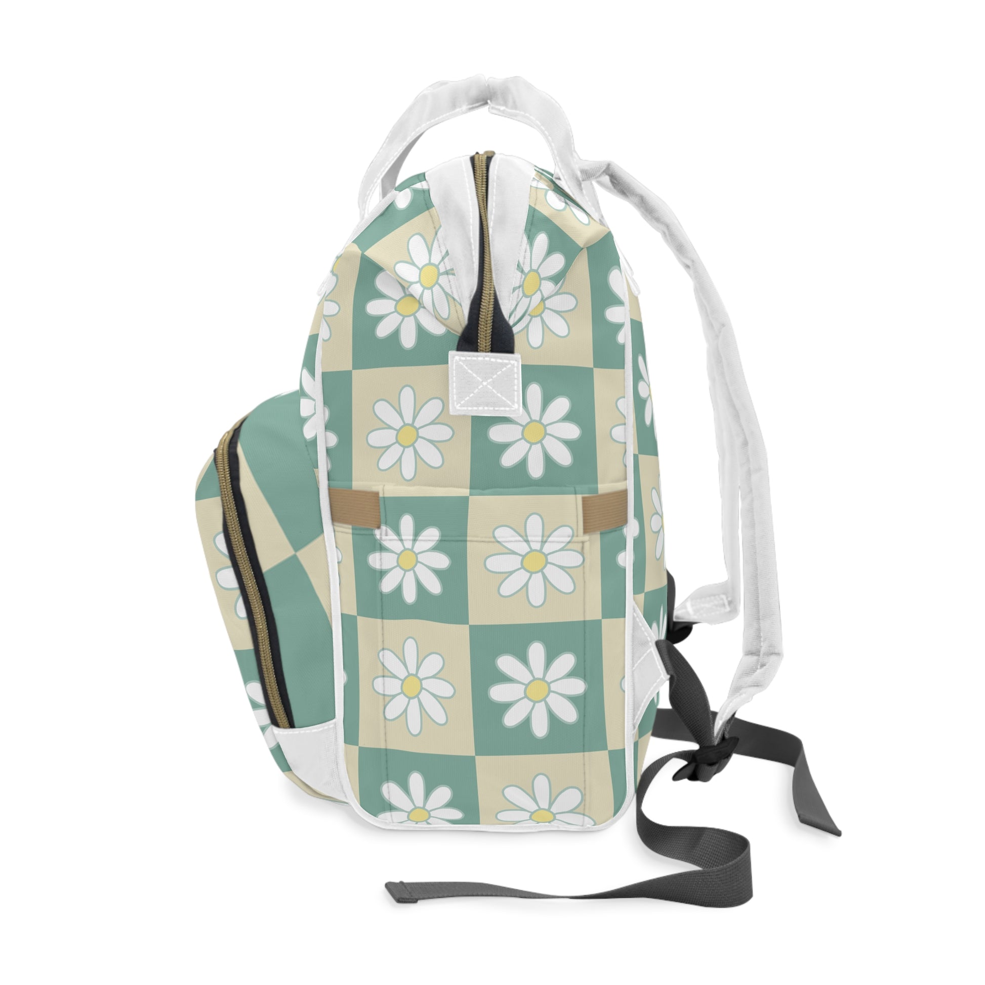 Retro Daisy Checkerboard Green and Tan Multifunctional Diaper Backpack, Artsulli - Art is Long, Life is Short, Bags, , , , , , , 
