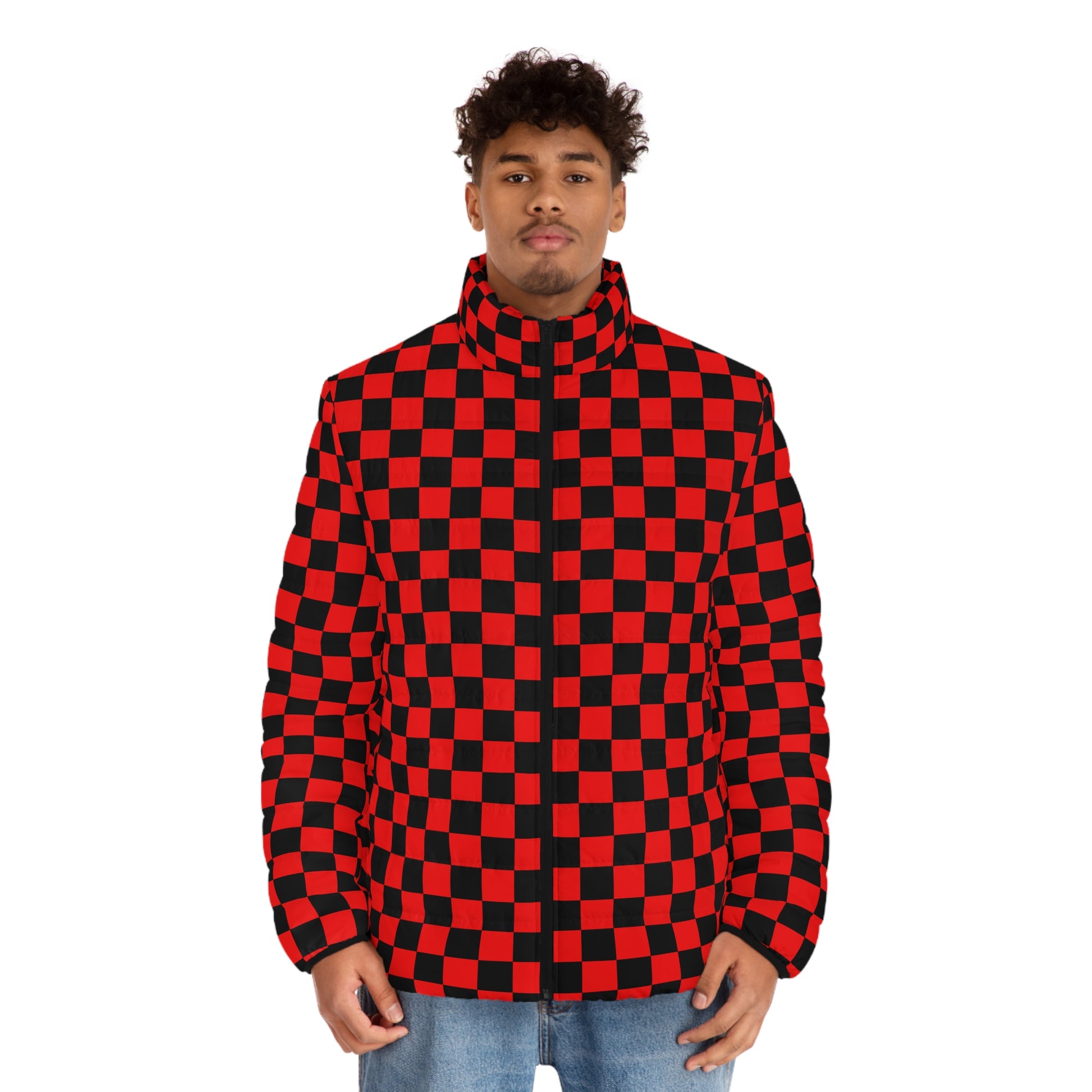 Checkerboard Red and Black Men's Puffer Jacket (AOP), Artsulli - Art is Long, Life is Short, All Over Prints, , , , , , , 