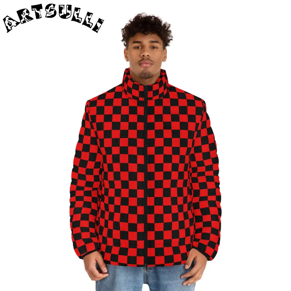 JAKKOUTTHEBXX Checkerboard Red and Black Men’s Puffer Jacket (AOP)