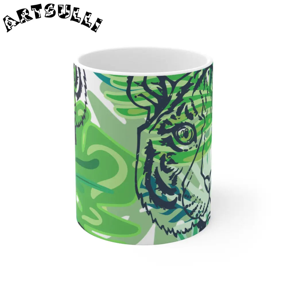 JAKKOUTTHEBXX Tropical Jungle Tigers Green Mug 11oz JAKKOUTTHEBXX