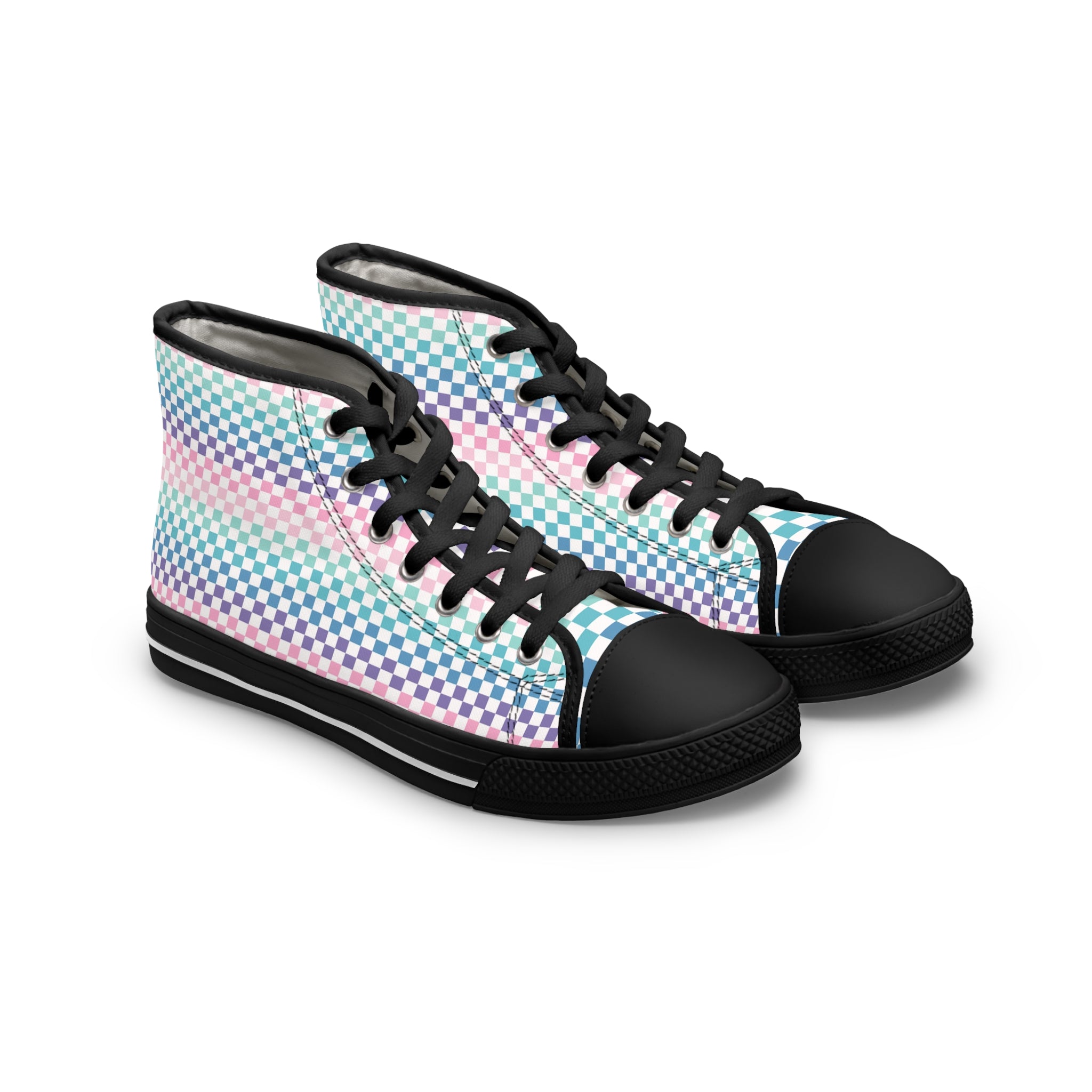 Vaporwave Rainbow  Checkerboard III Multi-Color Women's High Top Sneakers, Artsulli - Art is Long, Life is Short, Shoes, Size, US 5.5, Color, Black sole, , , 32536966036612189197