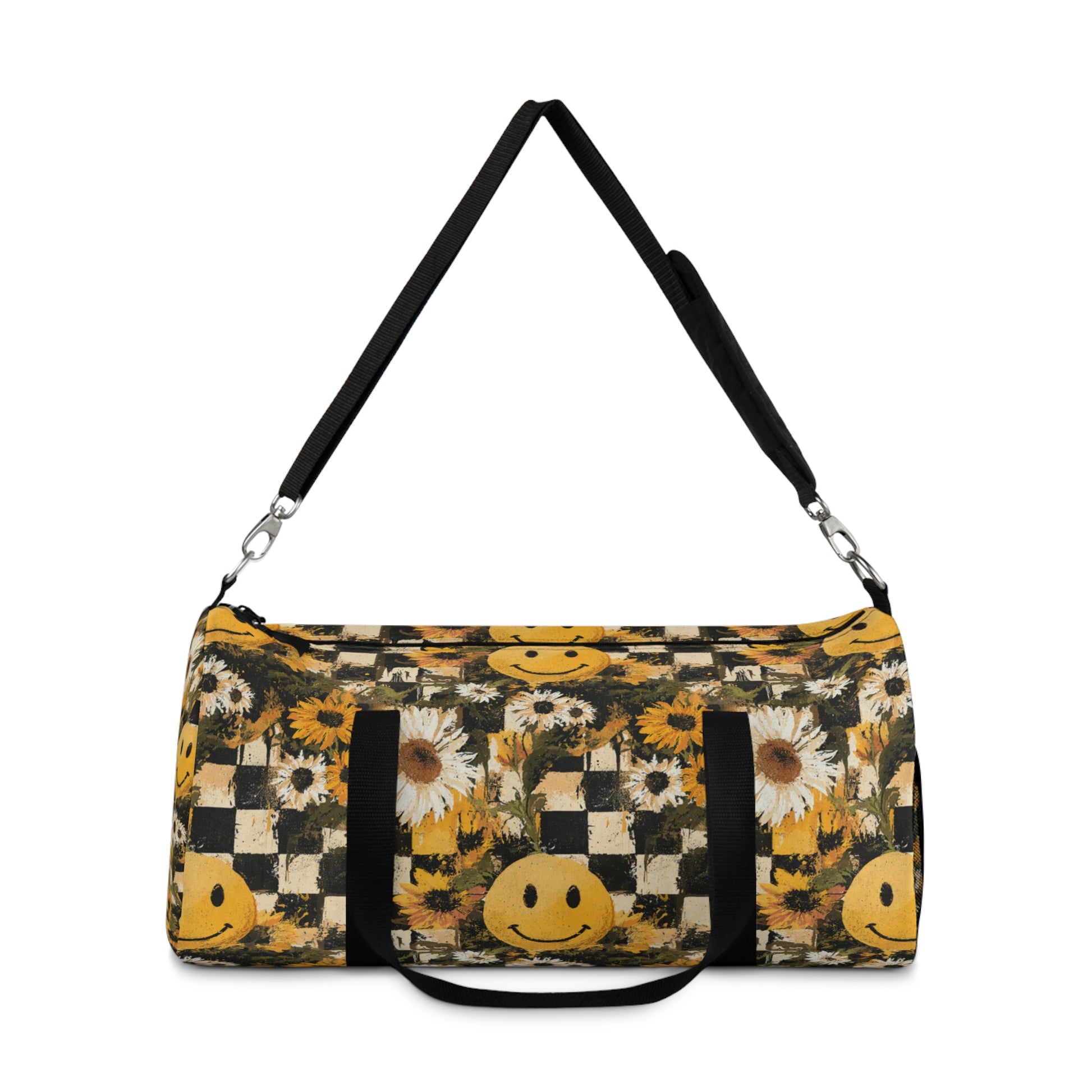 Smiley Face x Checkerboard x Sunflowers x Trippy x Vintage II Black and Yellow Duffel Bag, Artsulli - Art is Long, Life is Short, Bags, , , , , , , 