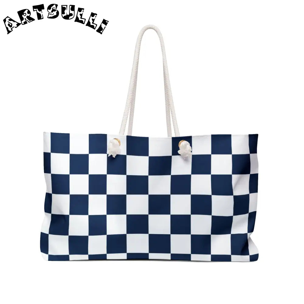 JAKKOUTTHEBXX Checkerboard White and Navy Blue Weekender Bag