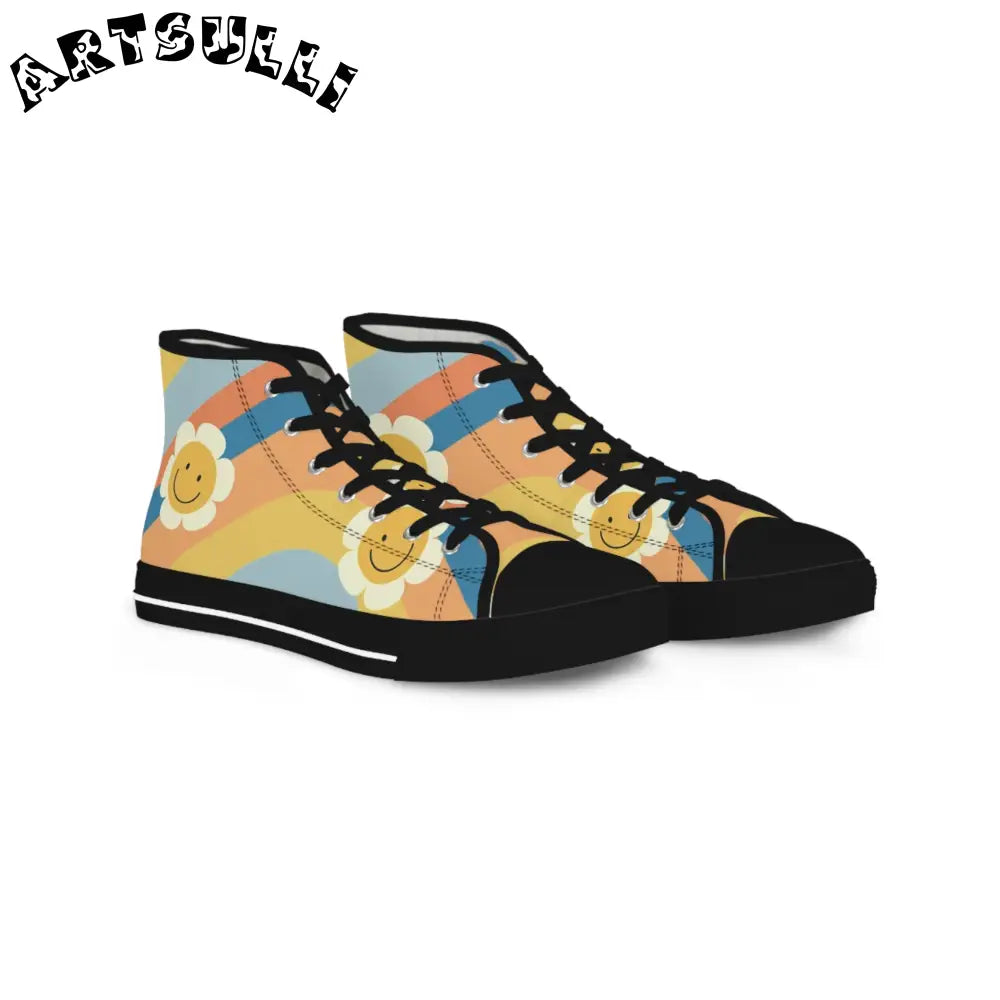 70s Smiley Wave Men's High Top Sneakers, Artsulli - Art is Long, Life is Short, Shoes, Size, US 5, Color, Black sole, , , 11255977067156596142