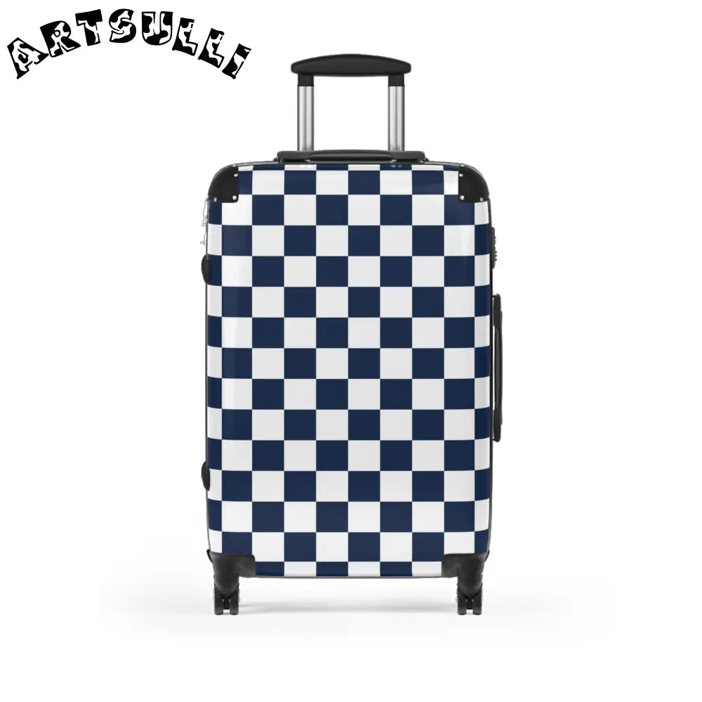 JAKKOUTTHEBXX Checkerboard White and Navy Blue Suitcase