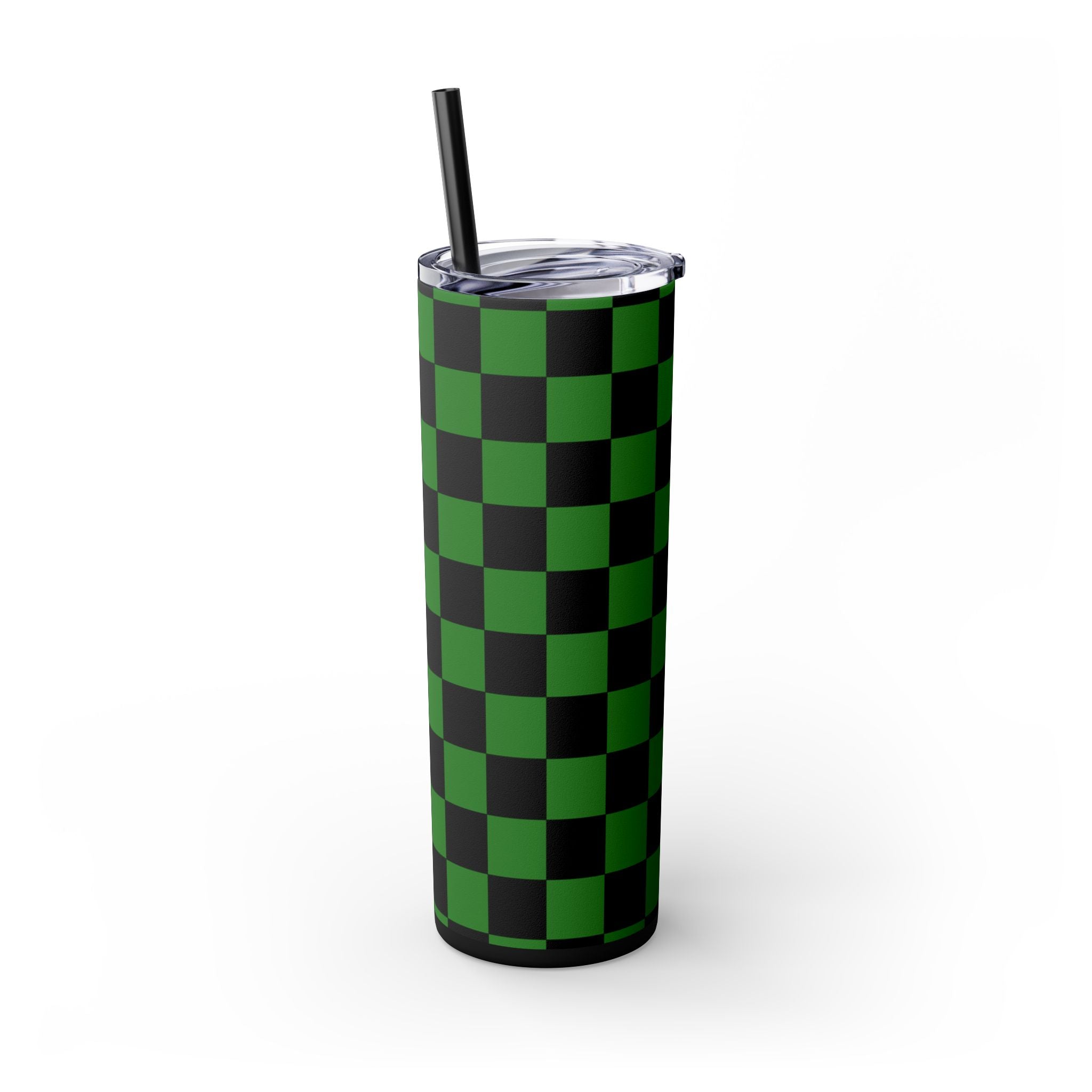 Checkerboard Green and Black Skinny Tumbler with Straw, 20oz, Artsulli - Art is Long, Life is Short, Mug, , , , , , , 