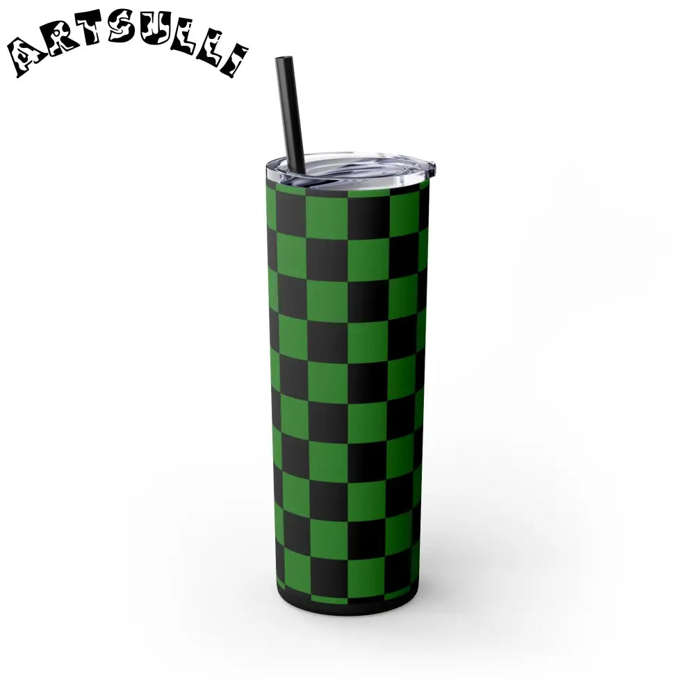 JAKKOUTTHEBXX Checkerboard Green and Black Skinny Tumbler with Straw
