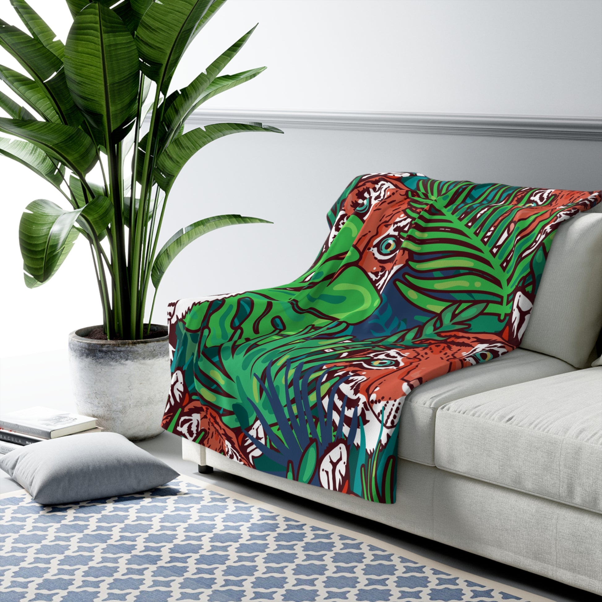 Tropical Jungle Tigers Blue and Green Sherpa Fleece Blanket, Artsulli - Art is Long, Life is Short, Home Decor, , , , , , , 