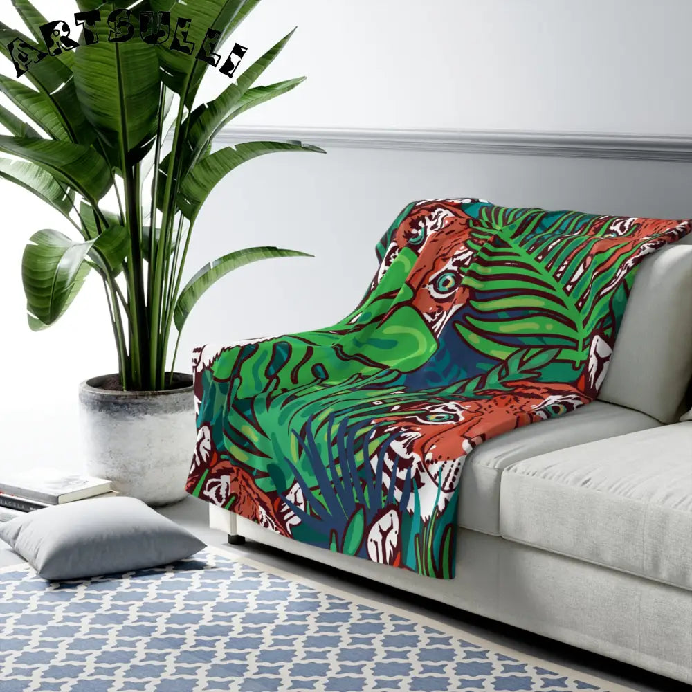 JAKKOUTTHEBXX Tropical Jungle Tigers Blue and Green Sherpa Fleece