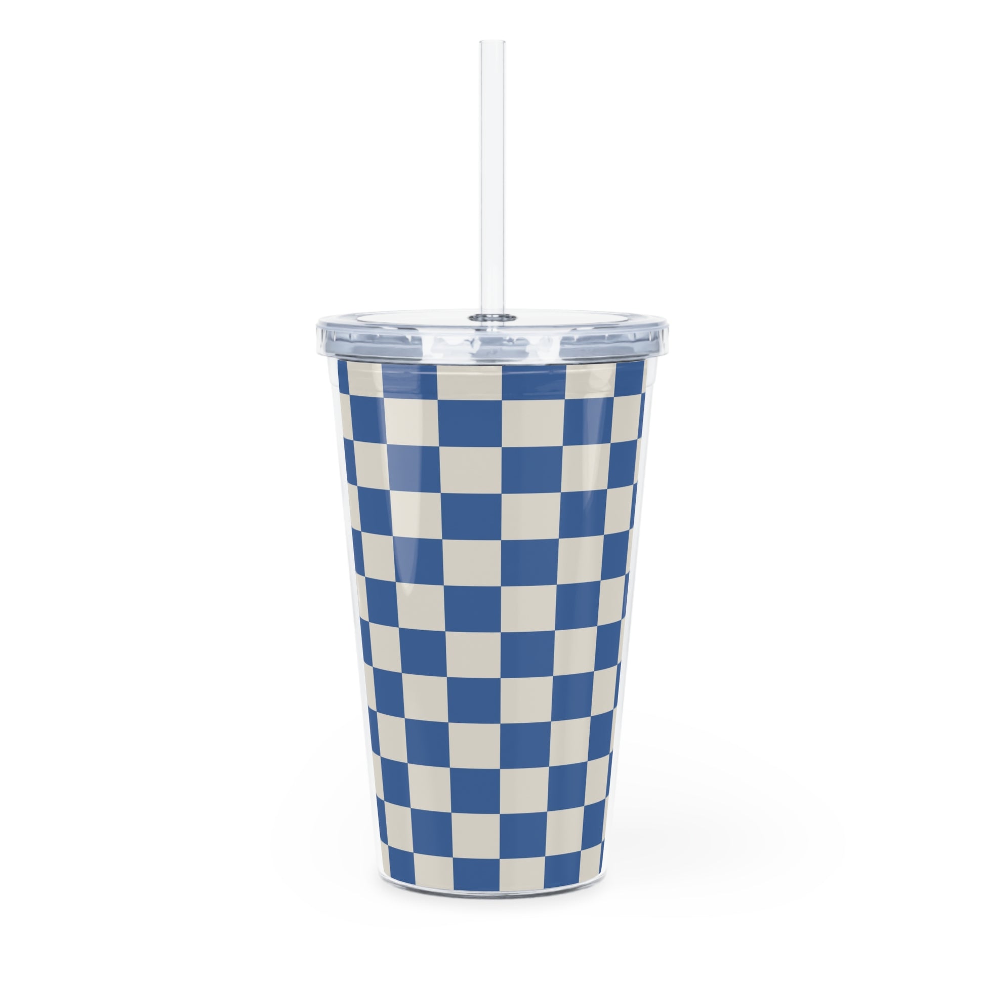 Checkerboard Blue Plastic Tumbler with Straw, Artsulli - Art is Long, Life is Short, Mug, , , , , , , 