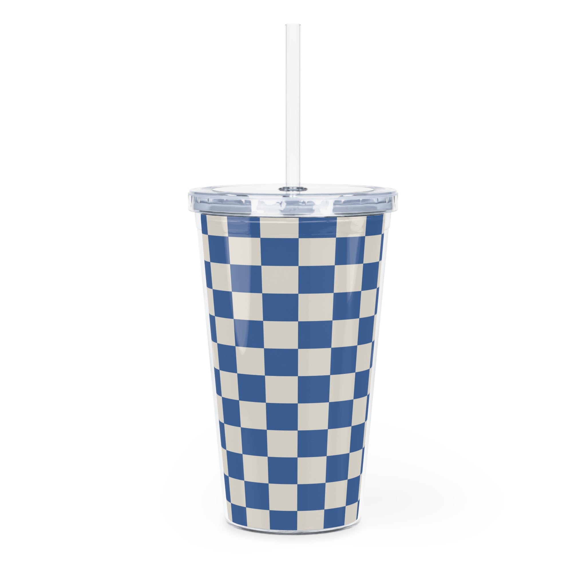 Checkerboard Blue Plastic Tumbler with Straw, Artsulli - Art is Long, Life is Short, Mug, , , , , , , 
