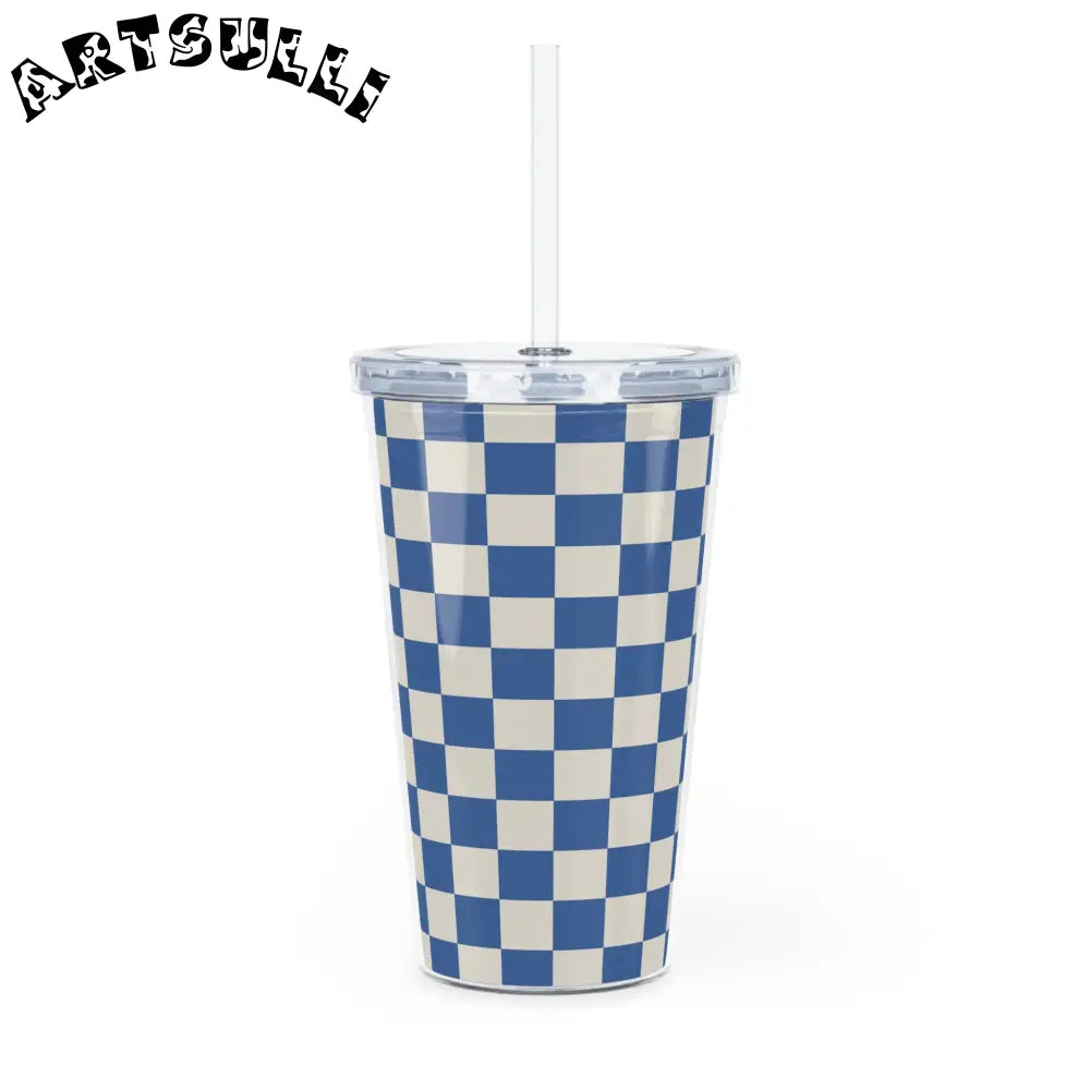 JAKKOUTTHEBXX Checkerboard Blue Plastic Tumbler with Straw