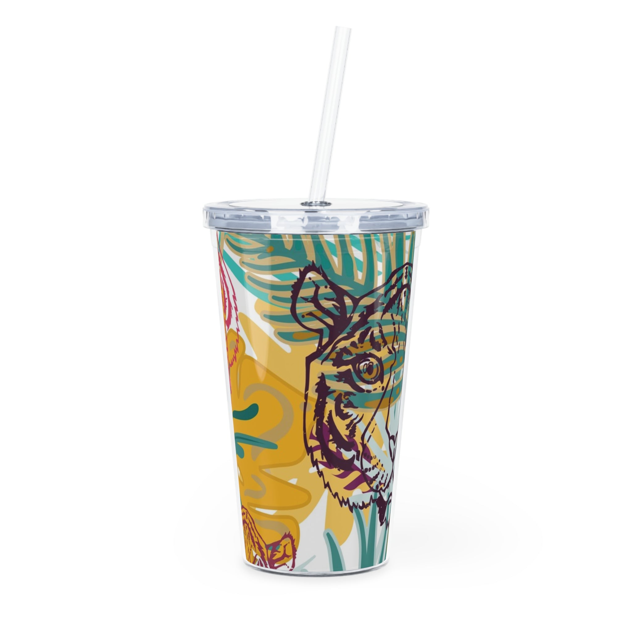Tropical Jungle Tigers Brown and Green Plastic Tumbler with Straw, Artsulli - Art is Long, Life is Short, Mug, Size, 20oz, Color, Transparent, , , 14489048920107