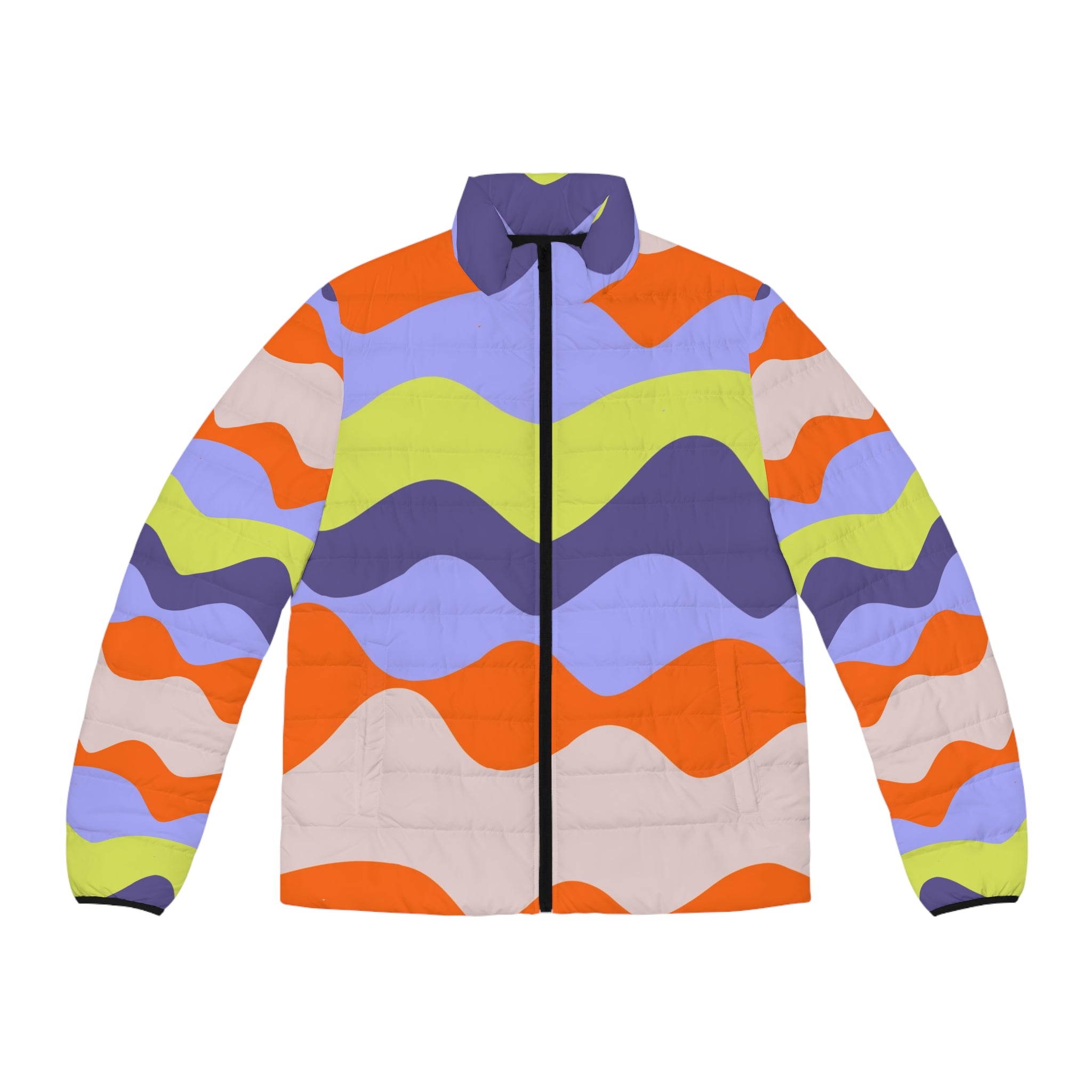 Waves Red and Blue Men's Puffer Jacket (AOP), Artsulli - Art is Long, Life is Short, All Over Prints, Size, S, Color, Black zipper, , , 12234583642969356749