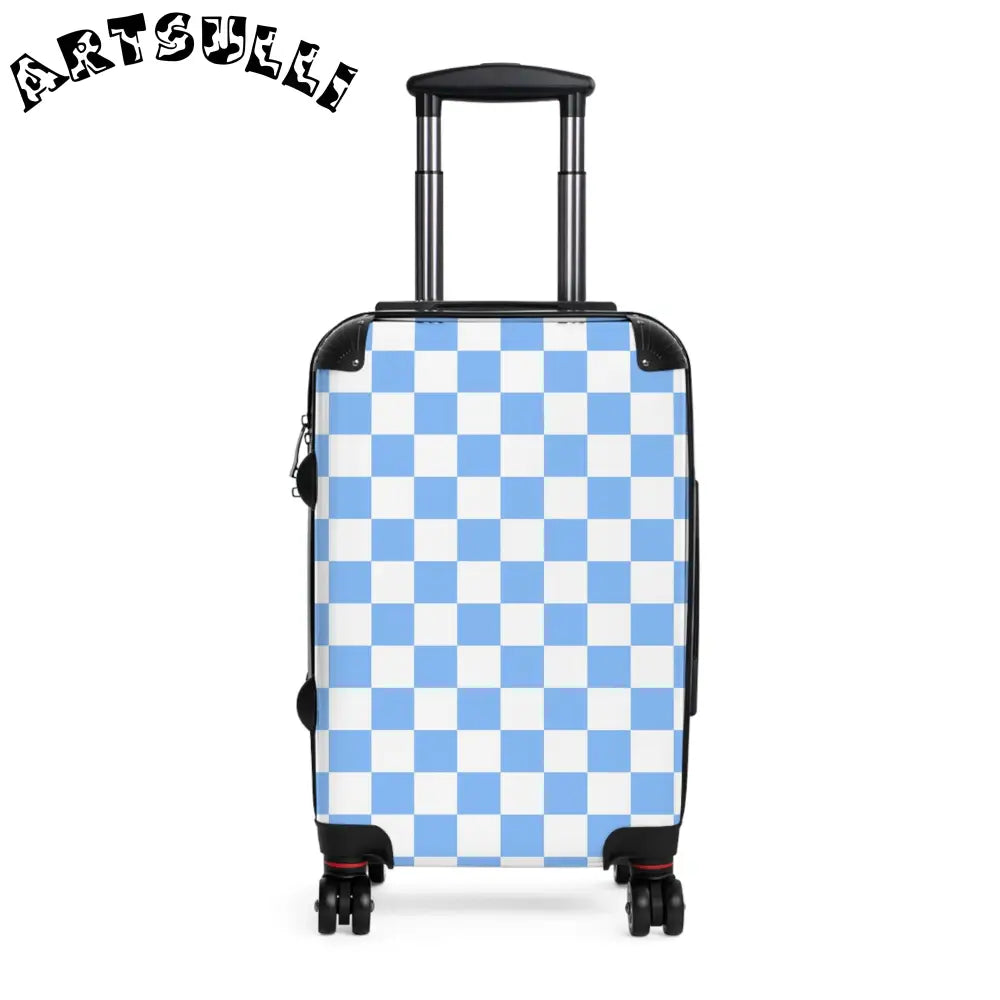 JAKKOUTTHEBXX Checkerboard White and Light Blue Suitcase