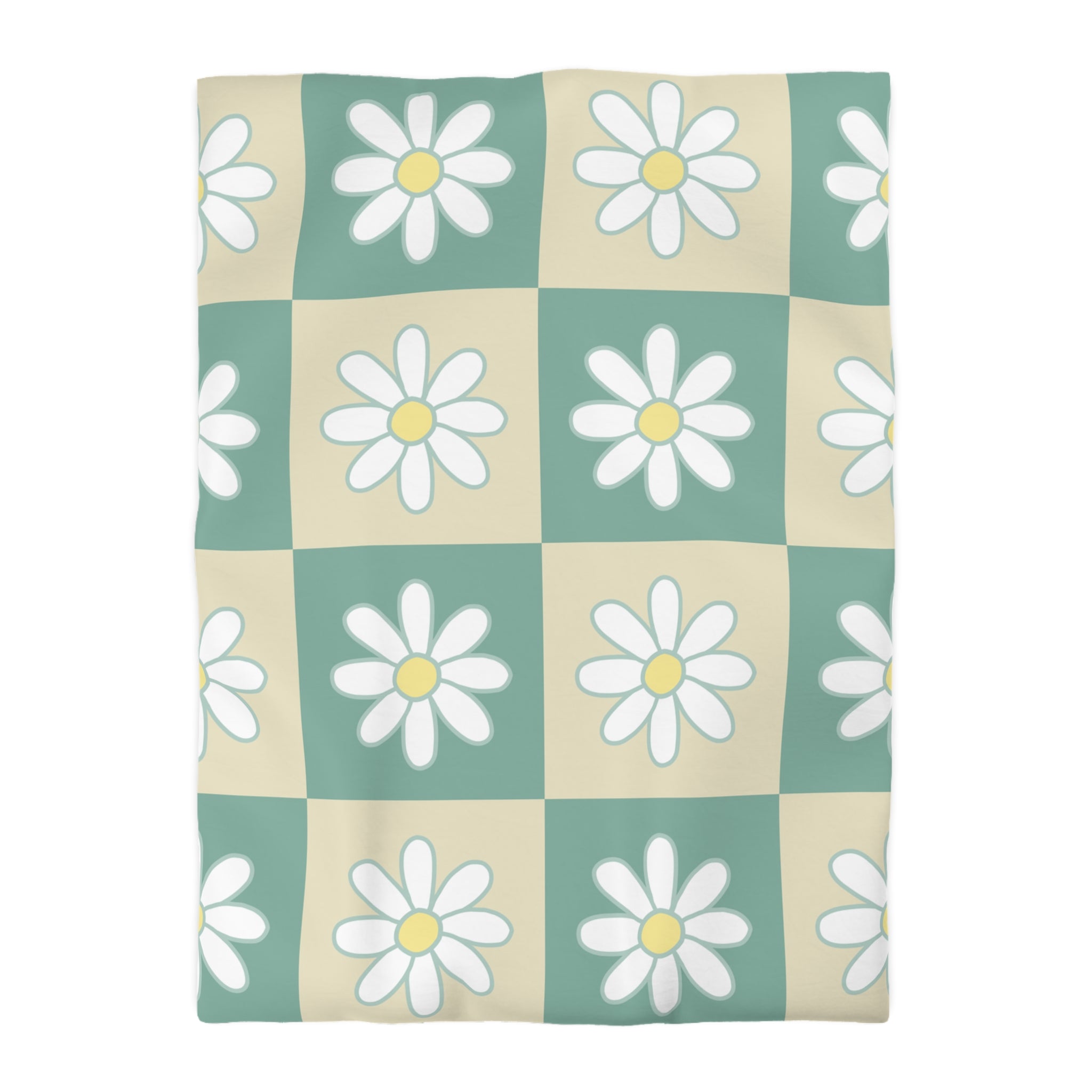 Retro Daisy Checkerboard Green and Tan Microfiber Duvet Cover, Artsulli - Art is Long, Life is Short, Home Decor, Size, Twin XL, Color, White, , , 19425161056242065538