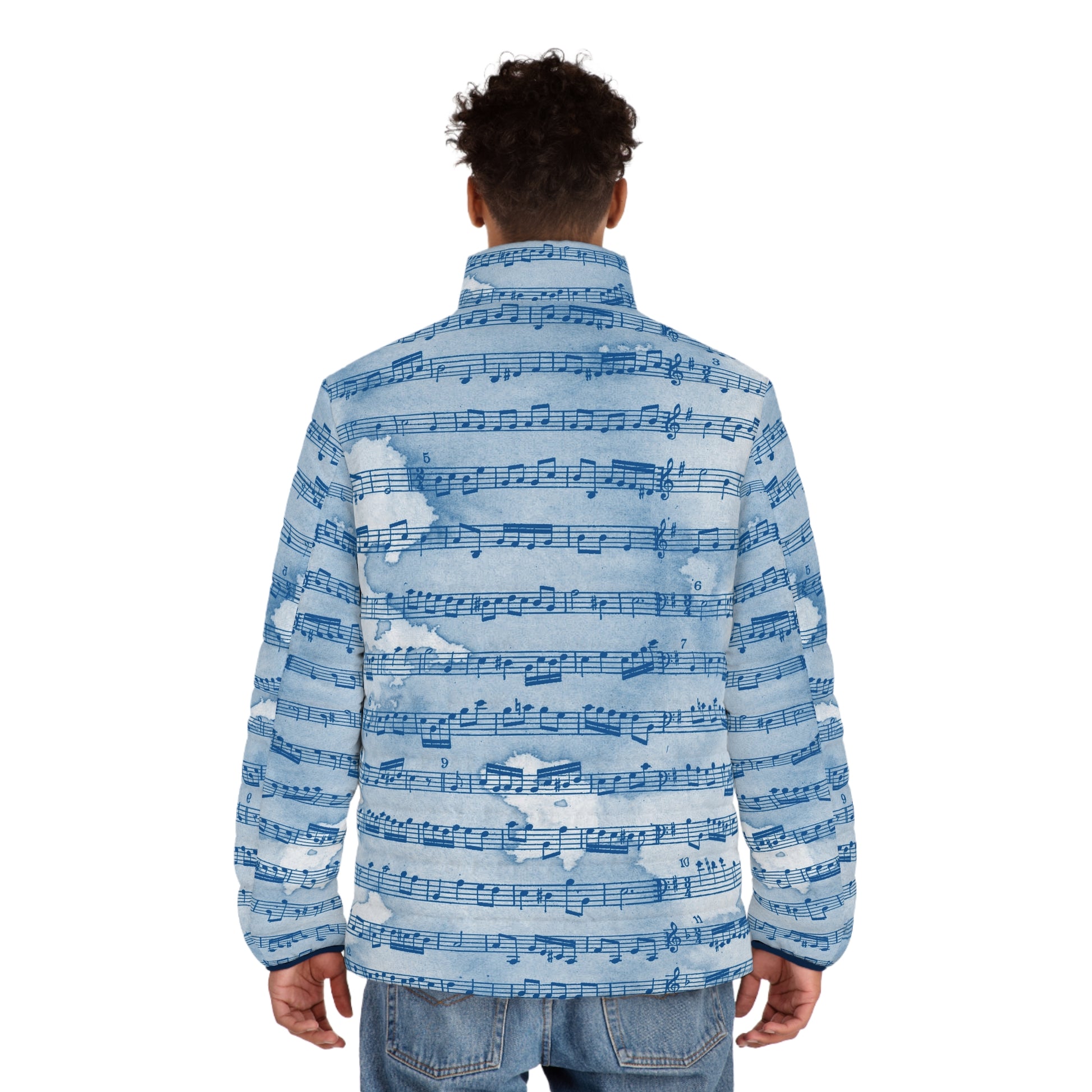 Drip Spill Type Beat Sheet Music Blue Men's Puffer Jacket (AOP), Artsulli - Art is Long, Life is Short, All Over Prints, , , , , , , 