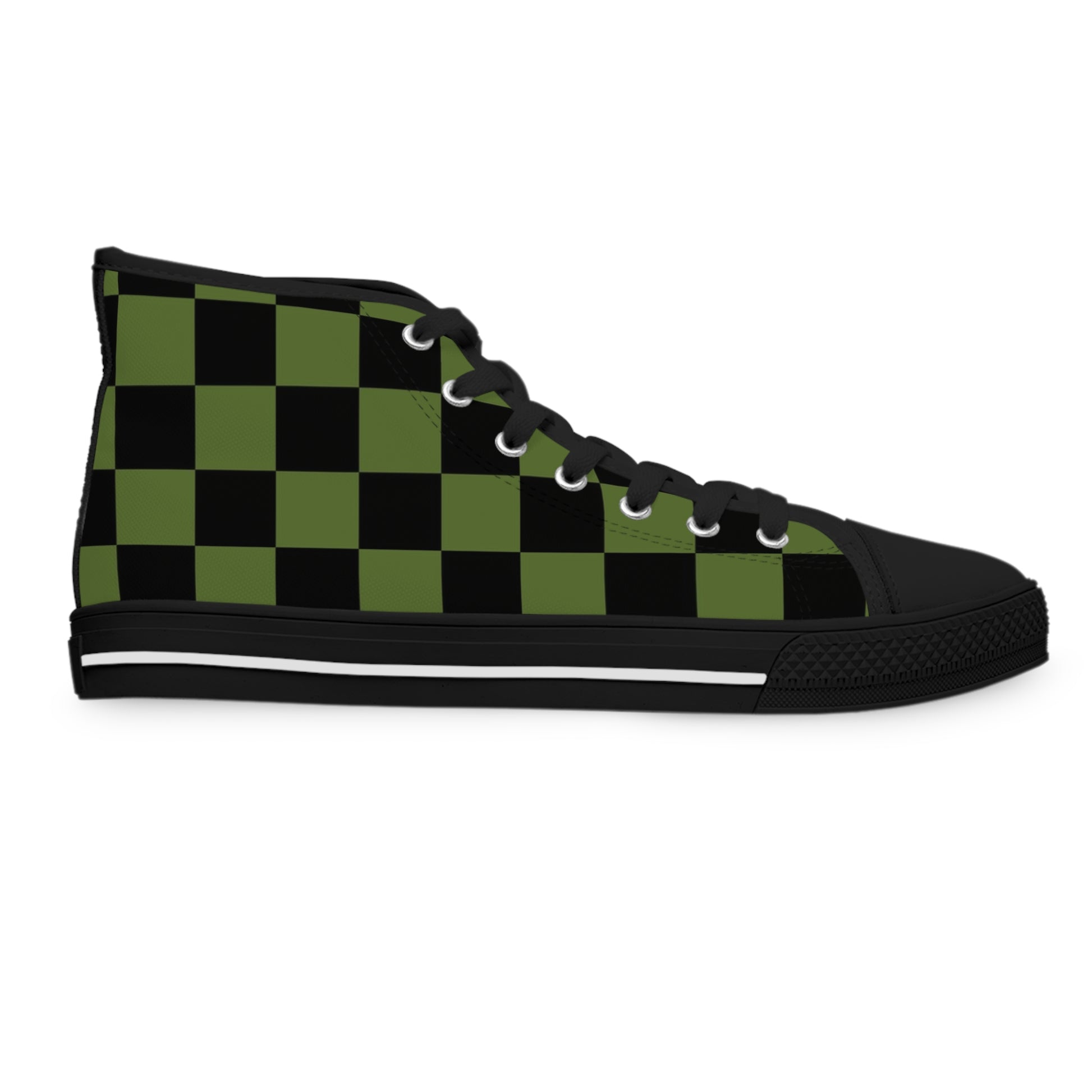 Checkerboard Olive Green and Black Women's High Top Sneakers, Artsulli - Art is Long, Life is Short, Shoes, , , , , , , 