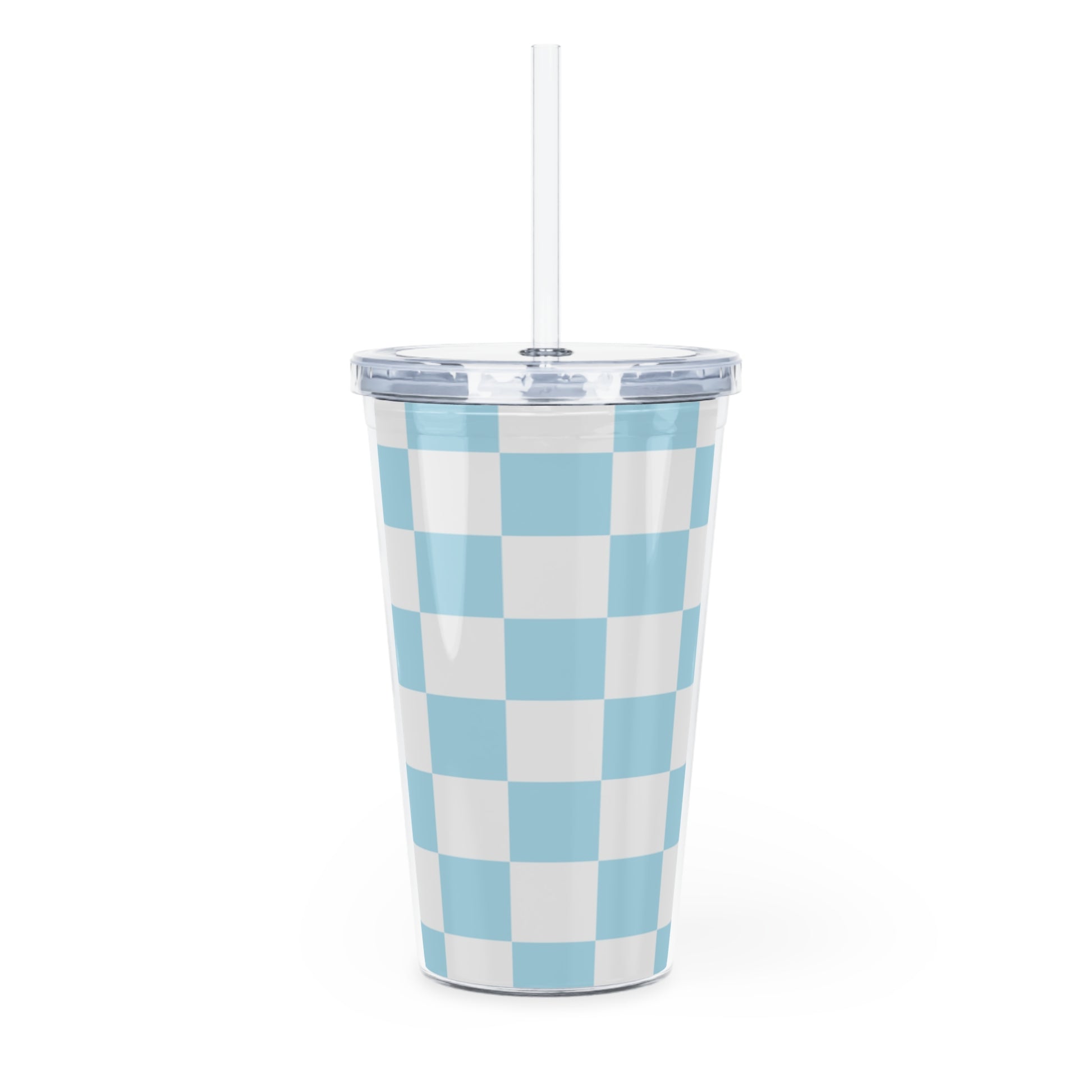 Checkerboard Sky Blue Plastic Tumbler with Straw, Artsulli - Art is Long, Life is Short, Mug, , , , , , , 