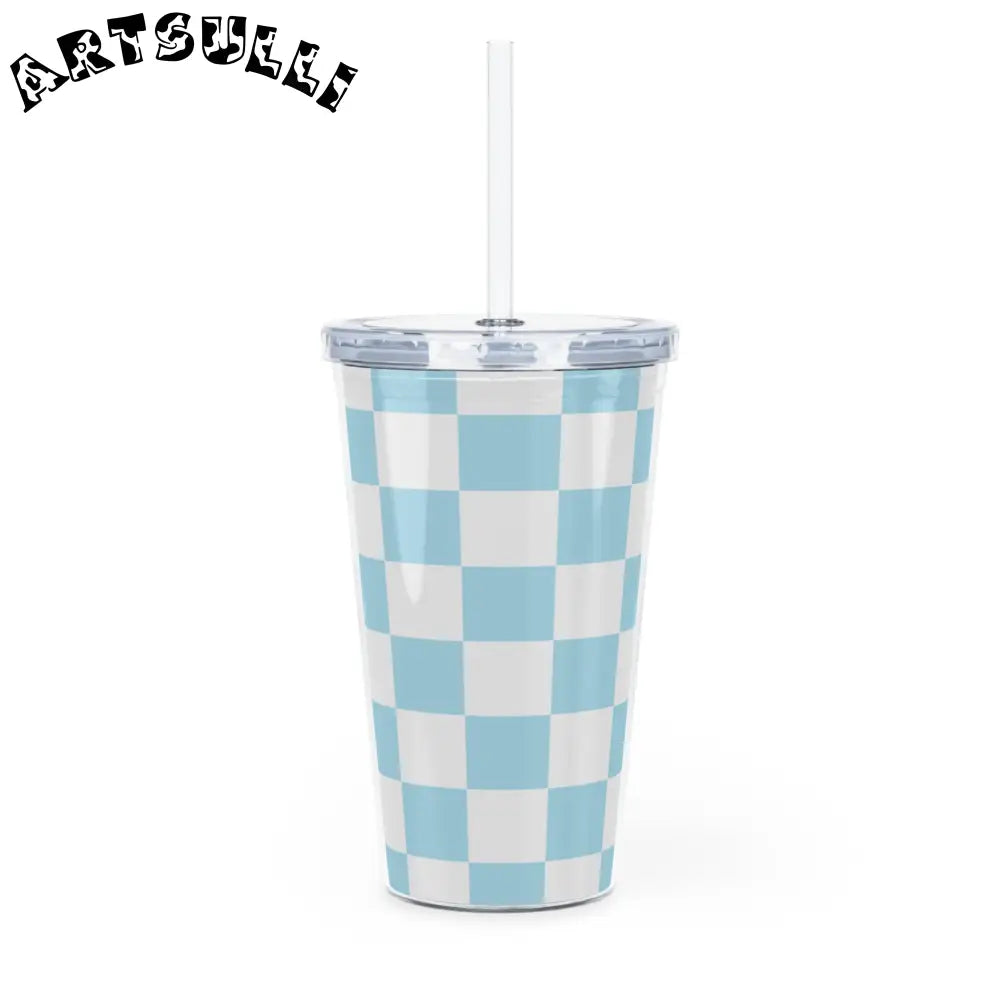 JAKKOUTTHEBXX Checkerboard Sky Blue Plastic Tumbler with Straw