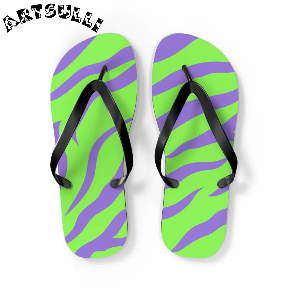 JAKKOUTTHEBXX Tyrannosaurus Print Green and Purple Flip Flops