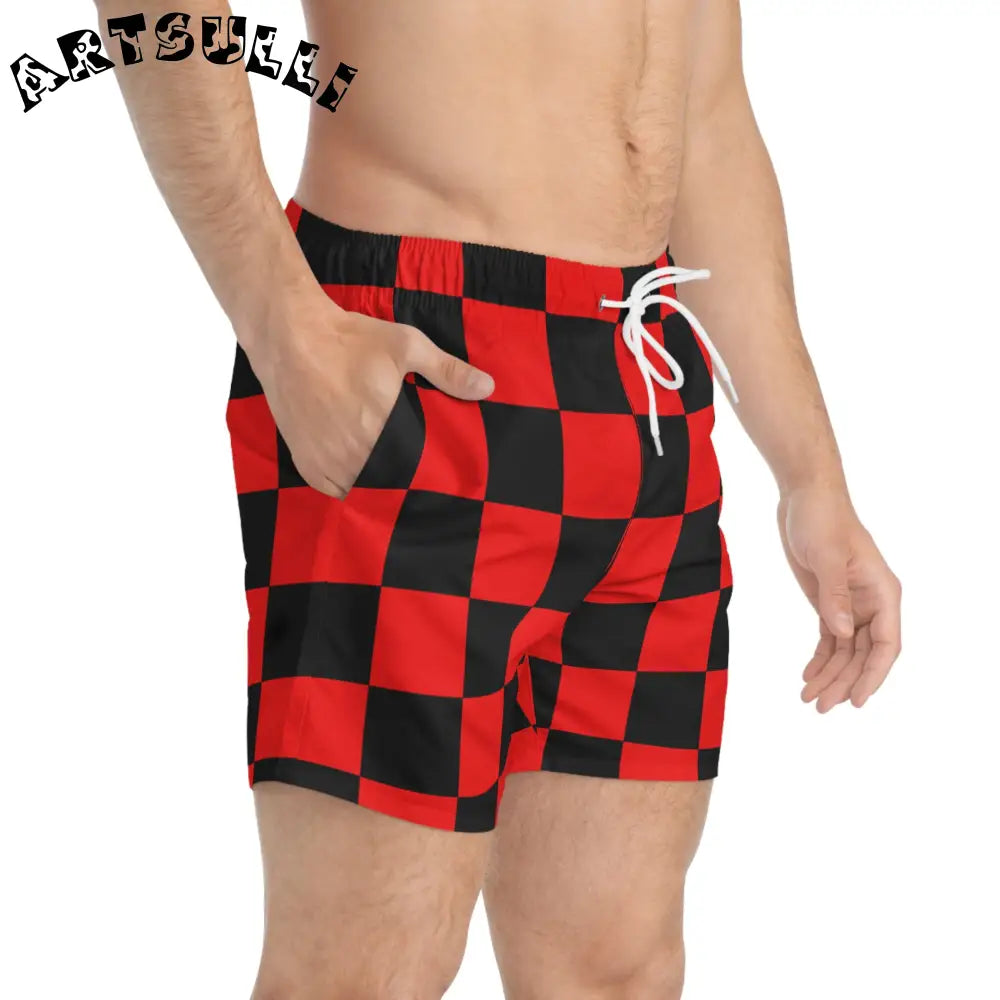 JAKKOUTTHEBXX Checkerboard Red and Black Swim Trunks (AOP)