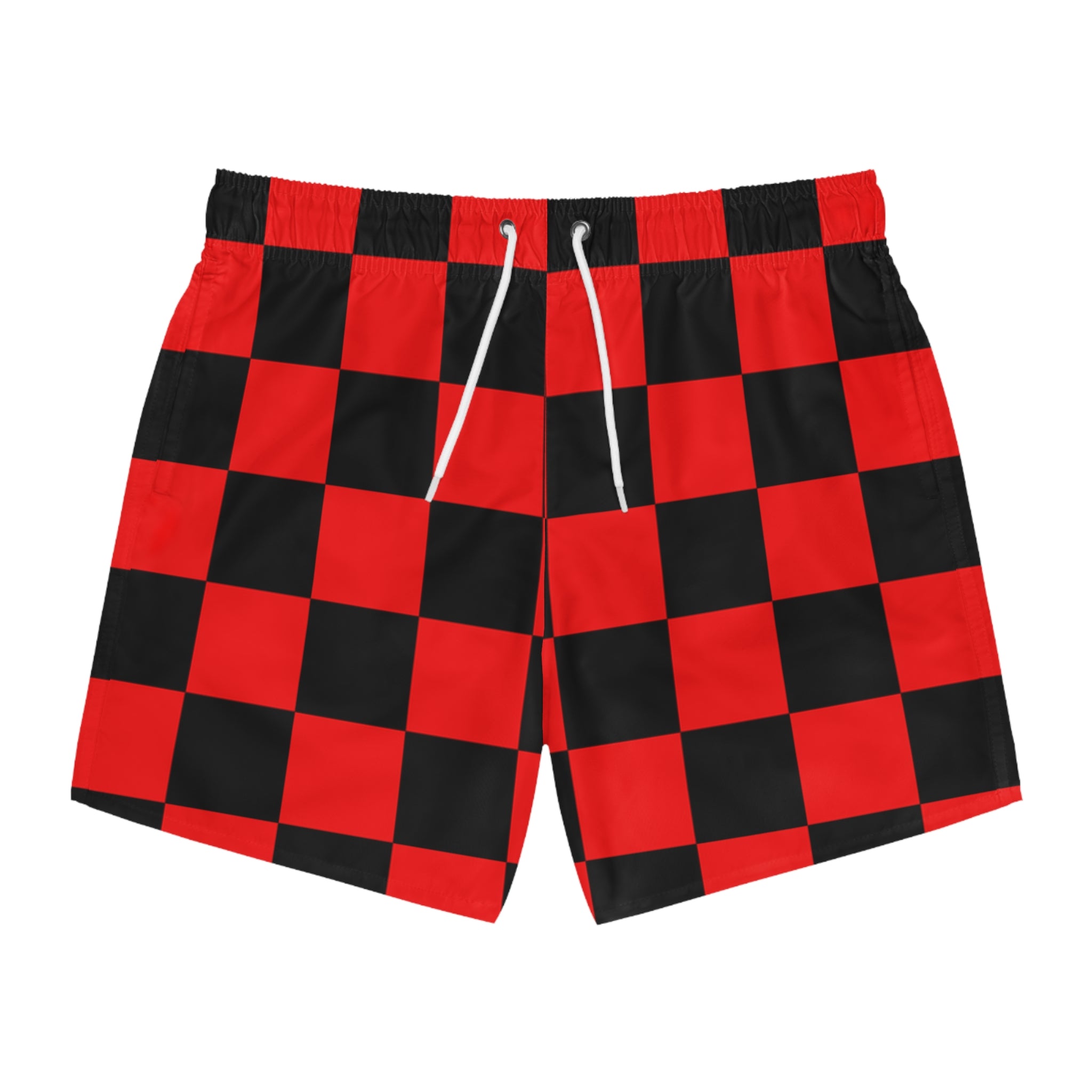 Checkerboard Red and Black Swim Trunks (AOP), Artsulli - Art is Long, Life is Short, All Over Prints, Size, XS, Color, Seam thread color automatically matched to design, , , 13839282200456264101