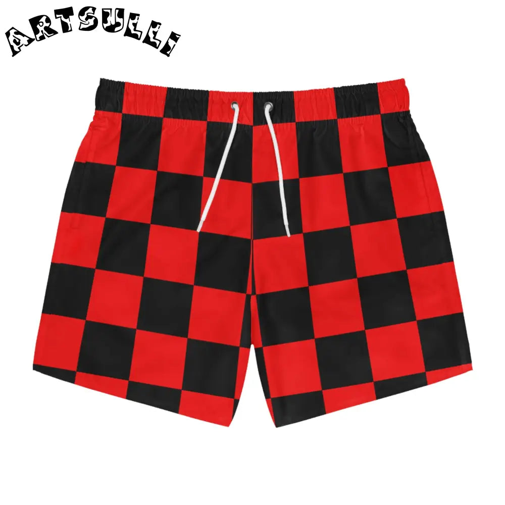 JAKKOUTTHEBXX Checkerboard Red and Black Swim Trunks (AOP)