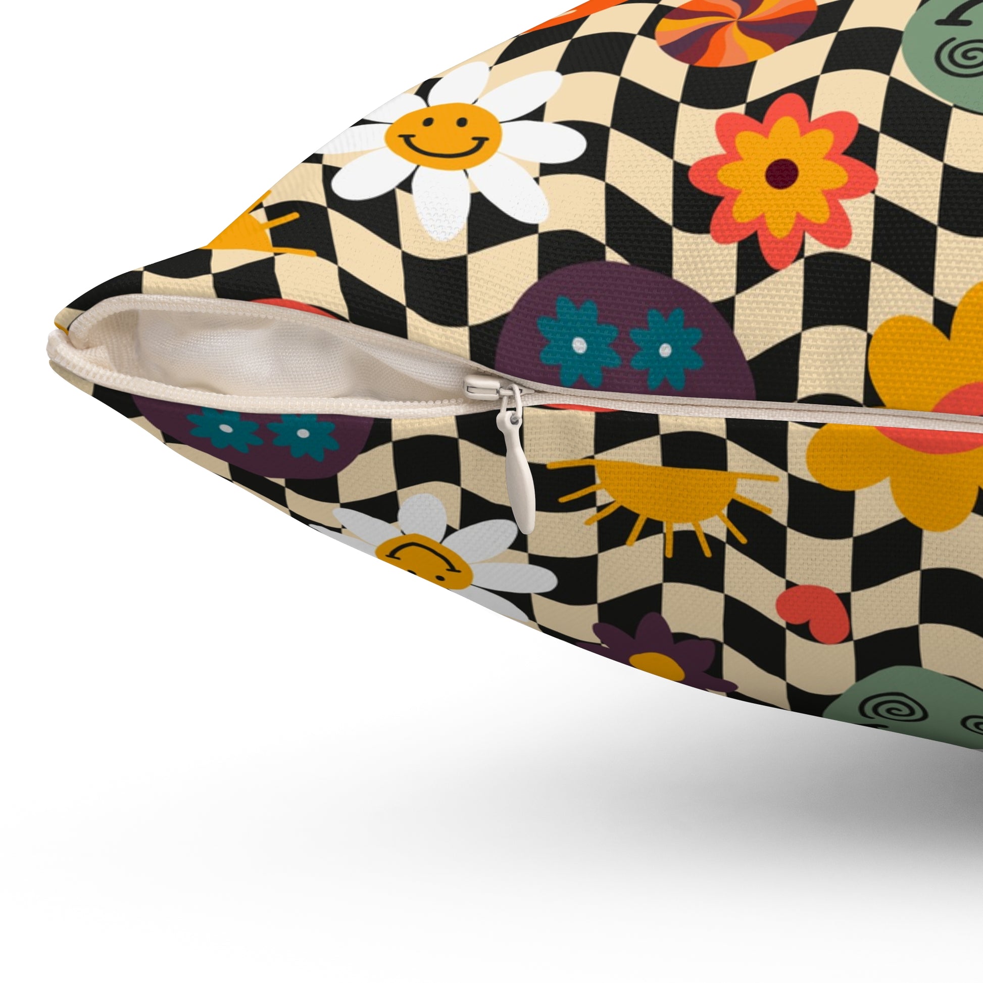Trippy x Wavy Checkerboard x Smiley Face x Rainbow x Flowers Multi-Color Spun Polyester Square Pillow, Artsulli - Art is Long, Life is Short, Home Decor, , , , , , , 