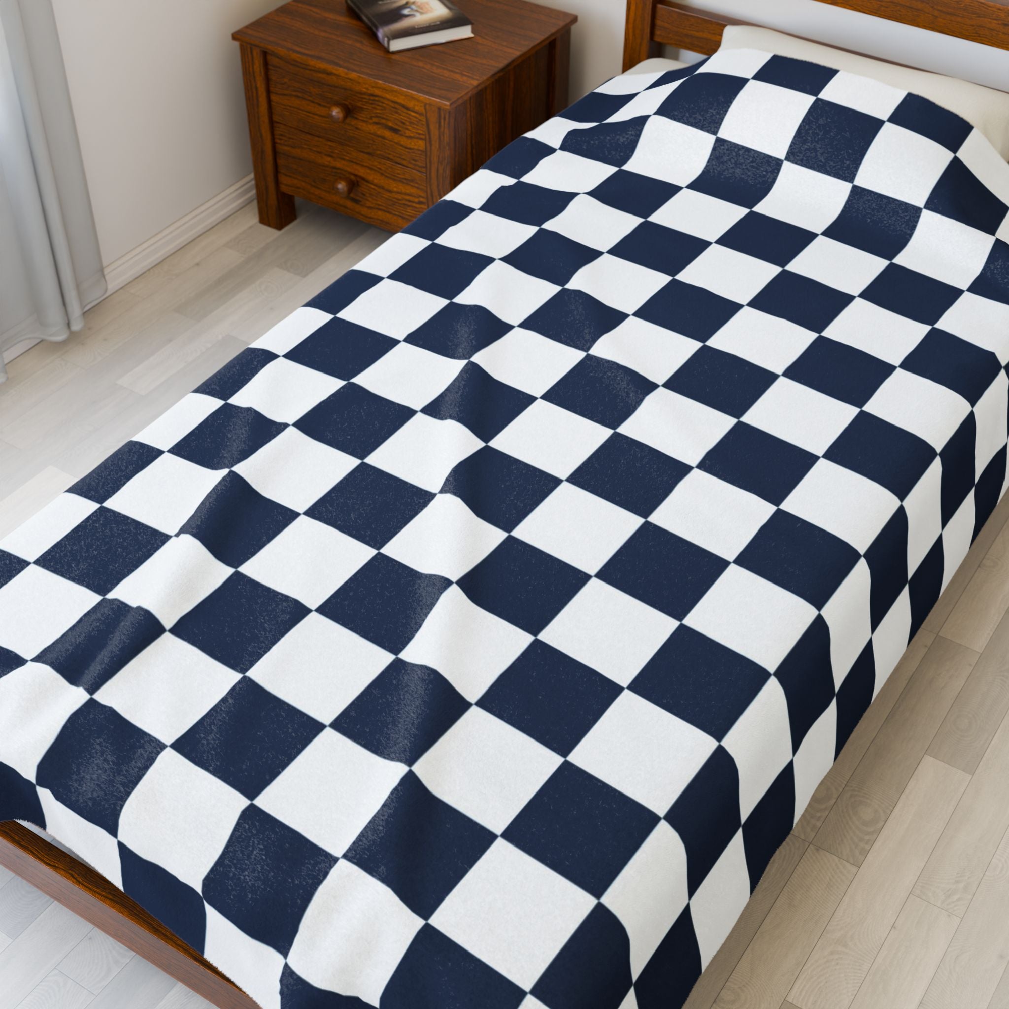 Checkerboard White and Navy Blue Velveteen Plush Blanket, Artsulli - Art is Long, Life is Short, All Over Prints, , , , , , , 