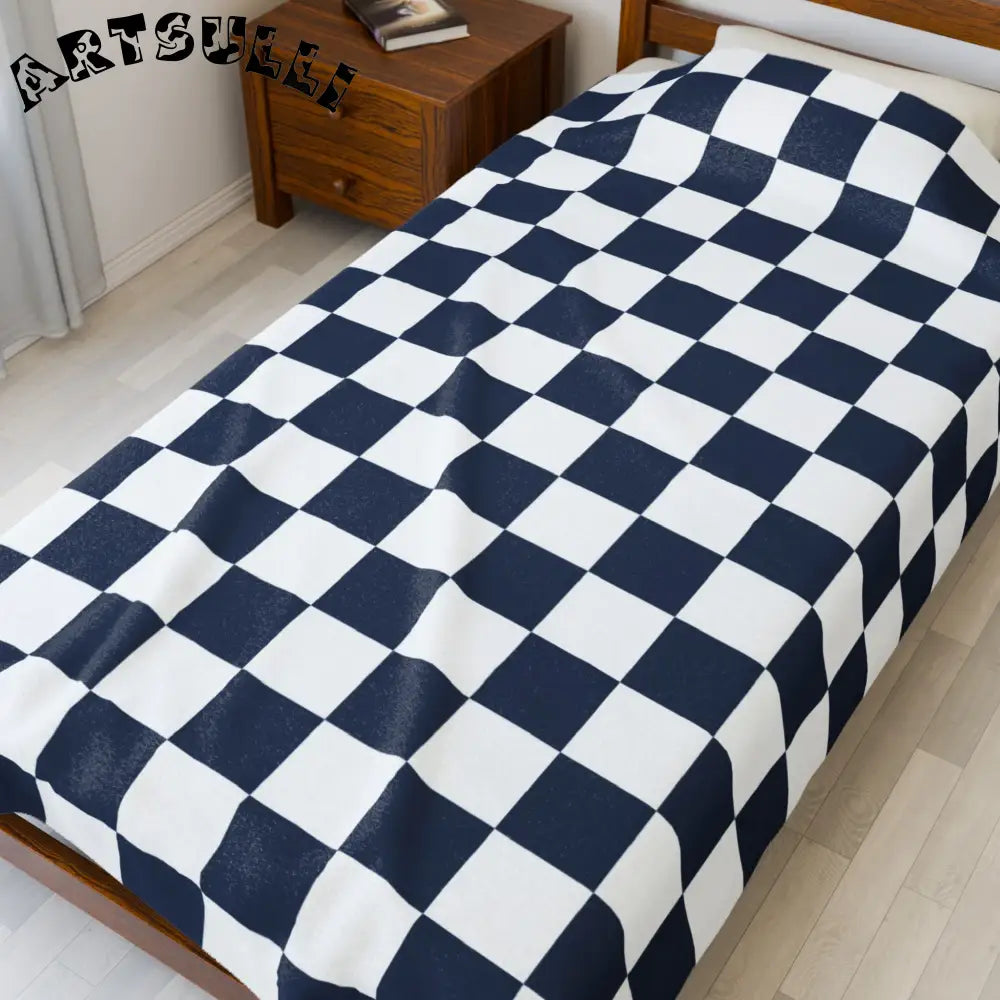 JAKKOUTTHEBXX Checkerboard White and Navy Blue Velveteen Plush